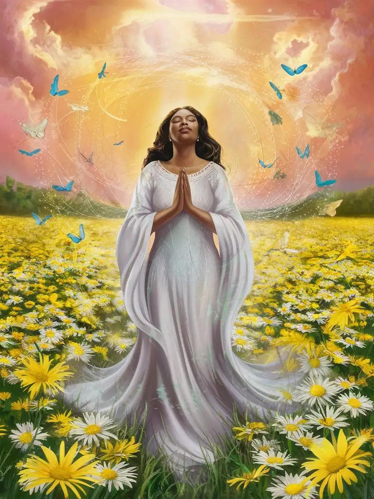a digital painting, a beautiful woman standing in a field of daisies, surrounded by butterflies, symbolizing transformation and renewal through the power of belief and trust in God's timing.