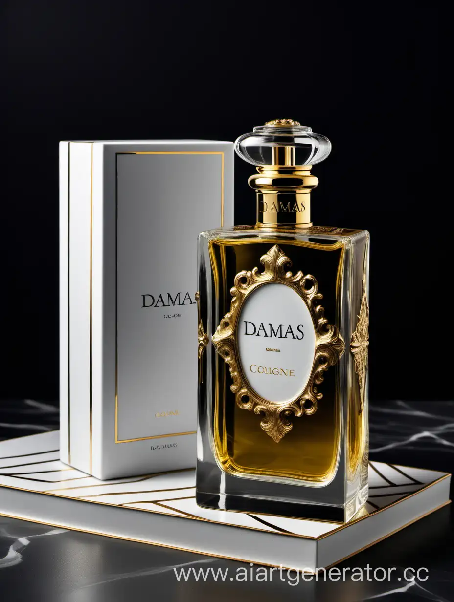 a bottle of damas cologne sitting next to a dark White box,with golden lines a Baroque dynamic luxurious composition, feminine
flemish Baroque