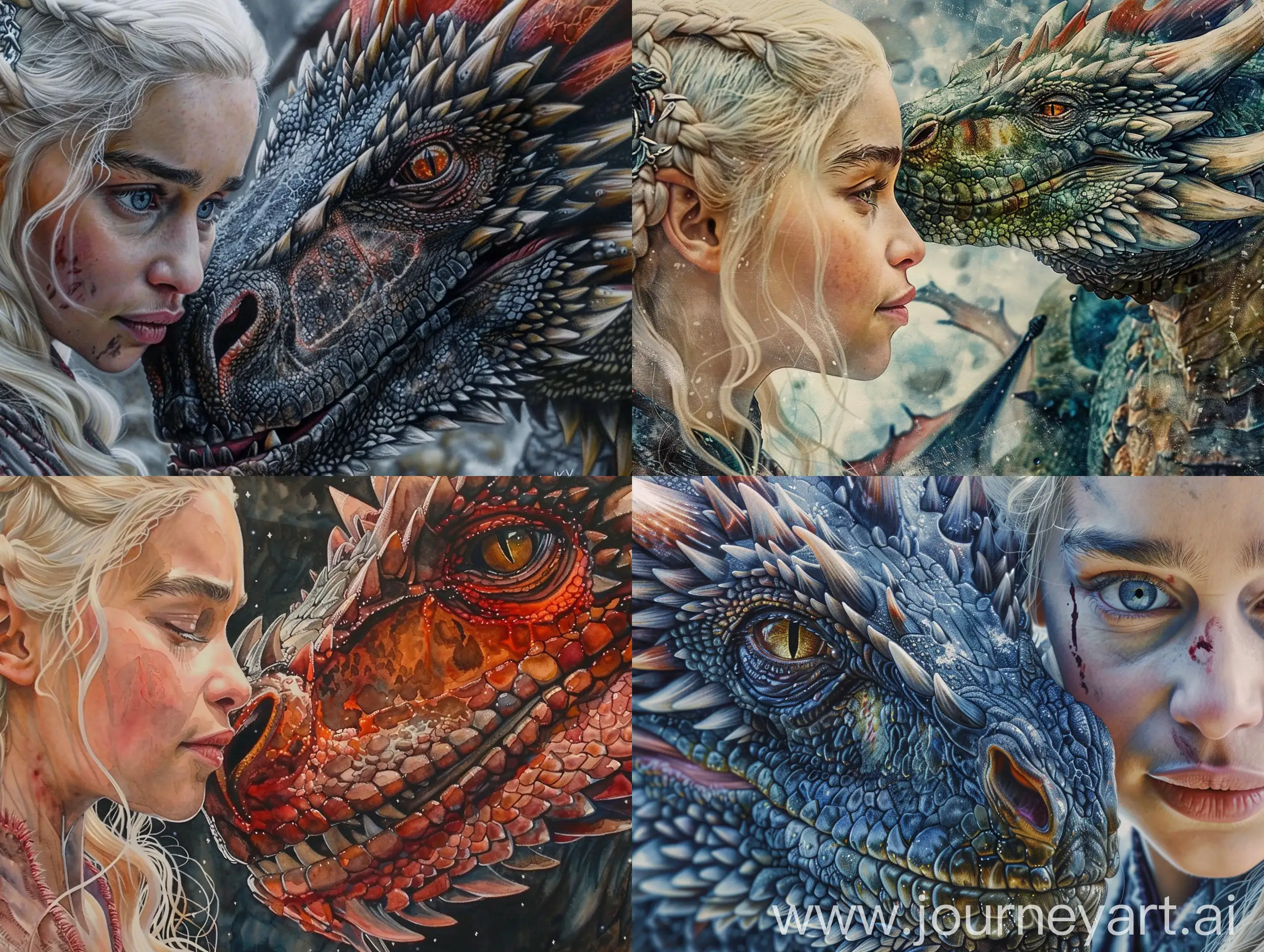 Daenerys-Targaryen-and-Dragon-Realistic-Watercolor-Portrait-with-Exquisite-Detailing