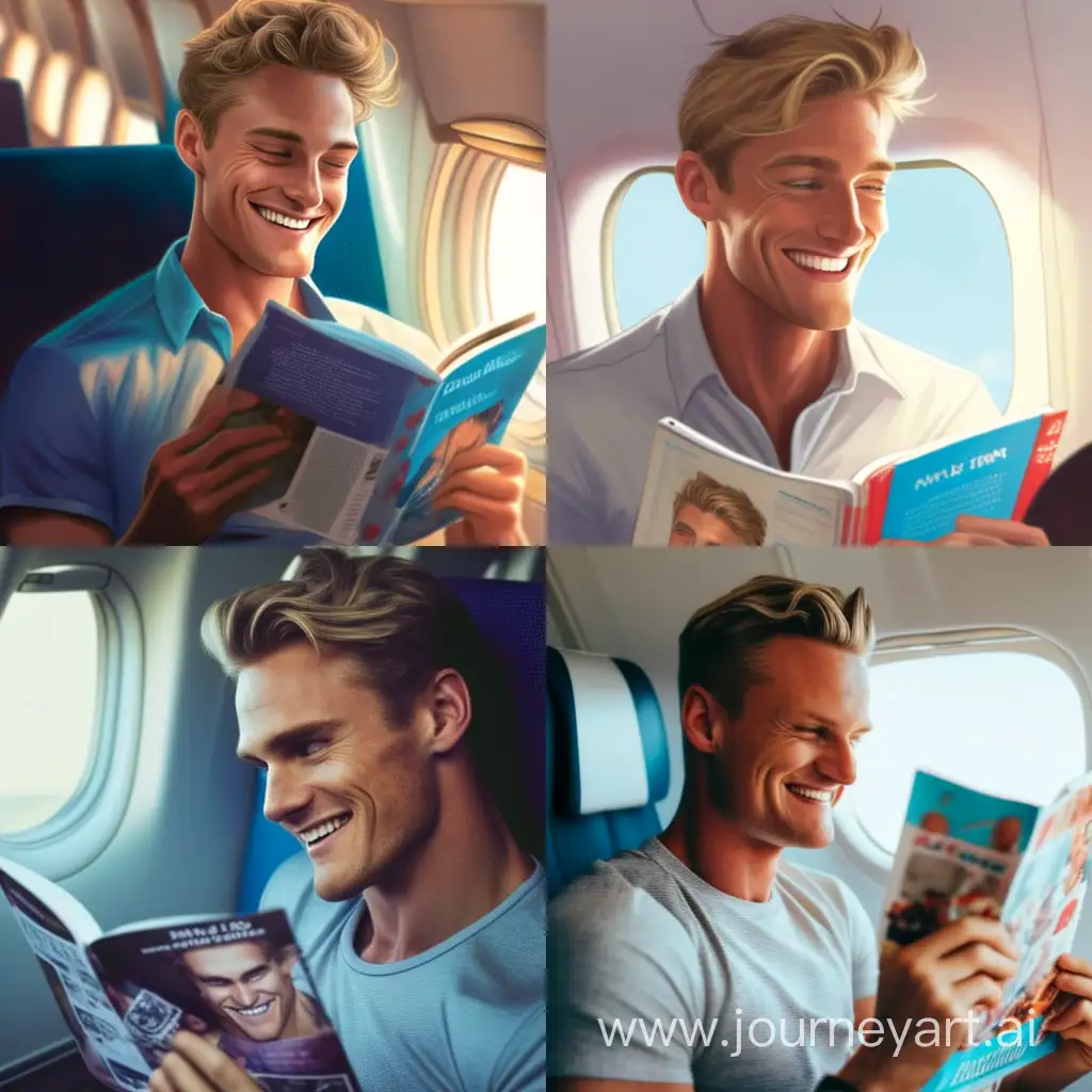 человек сидит внутри самолёта, читает журнал о путешествии , на его лице улыбка. он мужчина, блондин с голубыми глазами