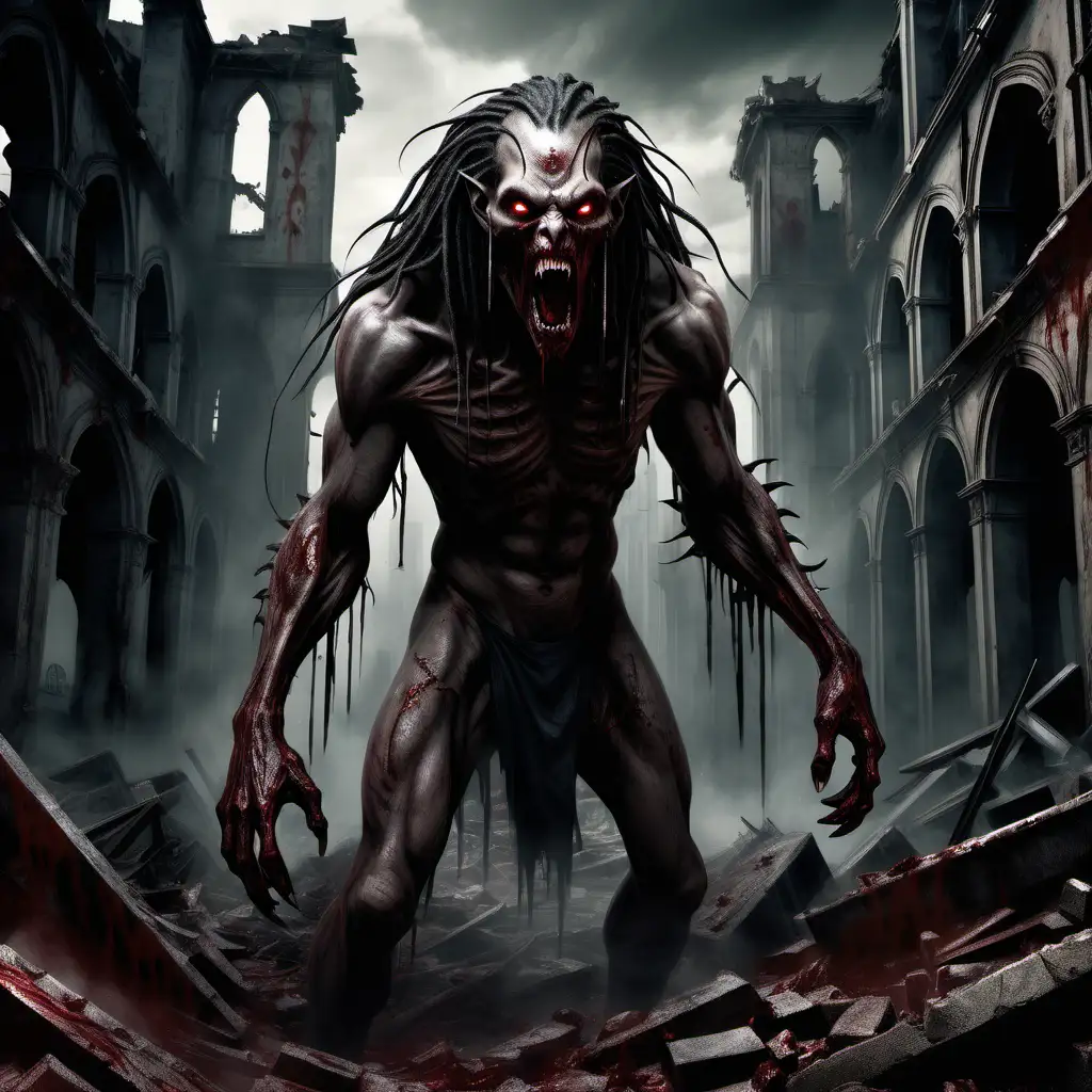 A grotesquely majestic vampire-like creature prowls through the apocalyptic ruins, its towering and sinewy figure exuding power and menace. This menacing predator is depicted in a hauntingly atmospheric digital painting, capturing the intricate details of its blood-stained fangs, ashen skin, and piercing crimson eyes. The image radiates a palpable sense of dread and foreboding, achieved through masterful brushwork and meticulously rendered textures. The high-resolution image showcases the artist's exceptional skill and attention to detail, immersing viewers in a chilling world of gothic dystopia.