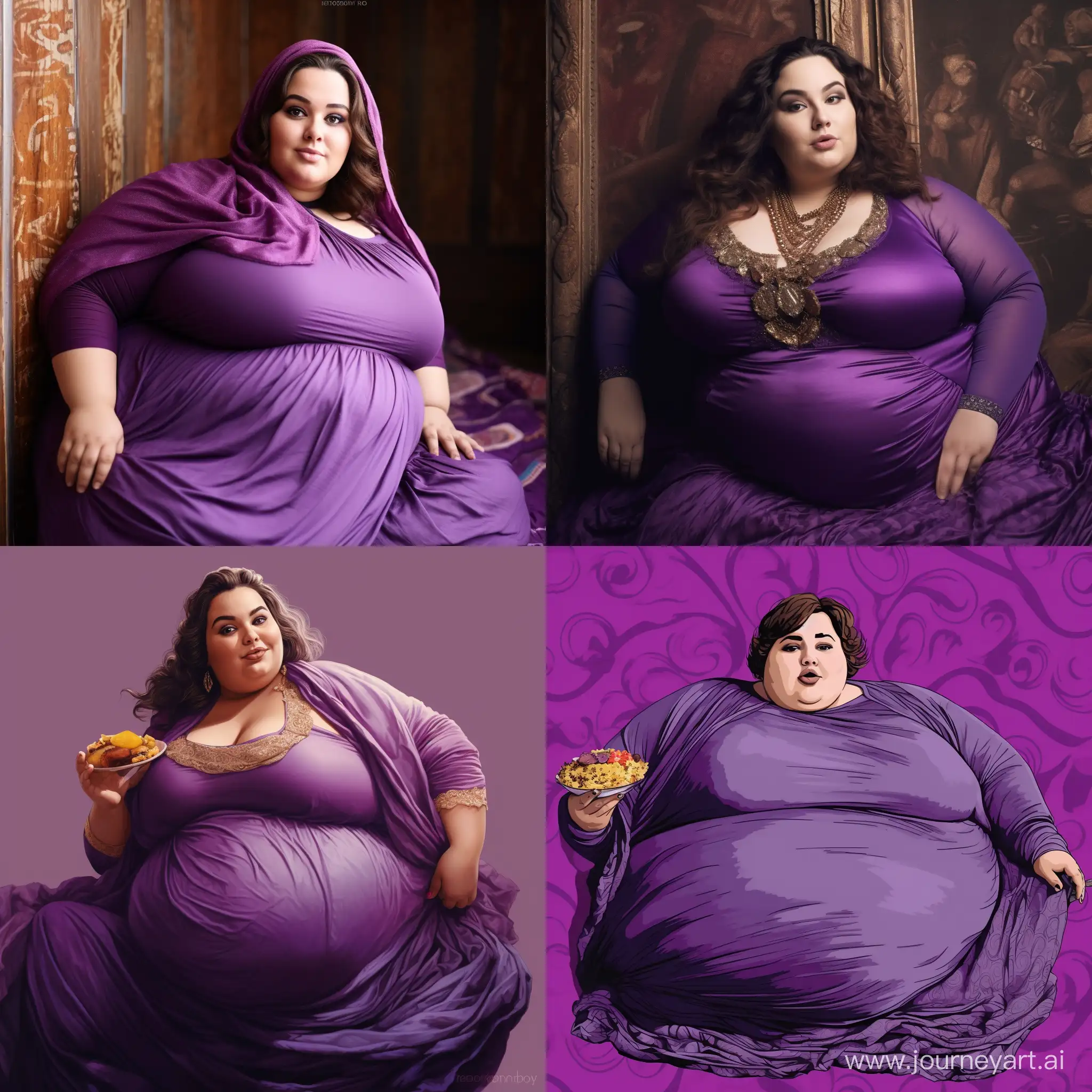 A fat iraqi woman with a big belly wearing a purple dishdasha