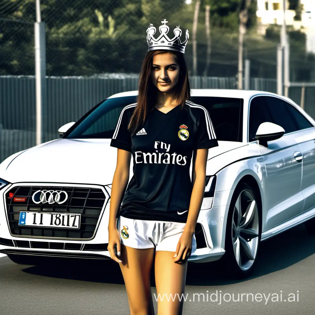 a girl wearing short shorts and real madrid shirt, with an audi car behind her and holding a silver crown in her hand