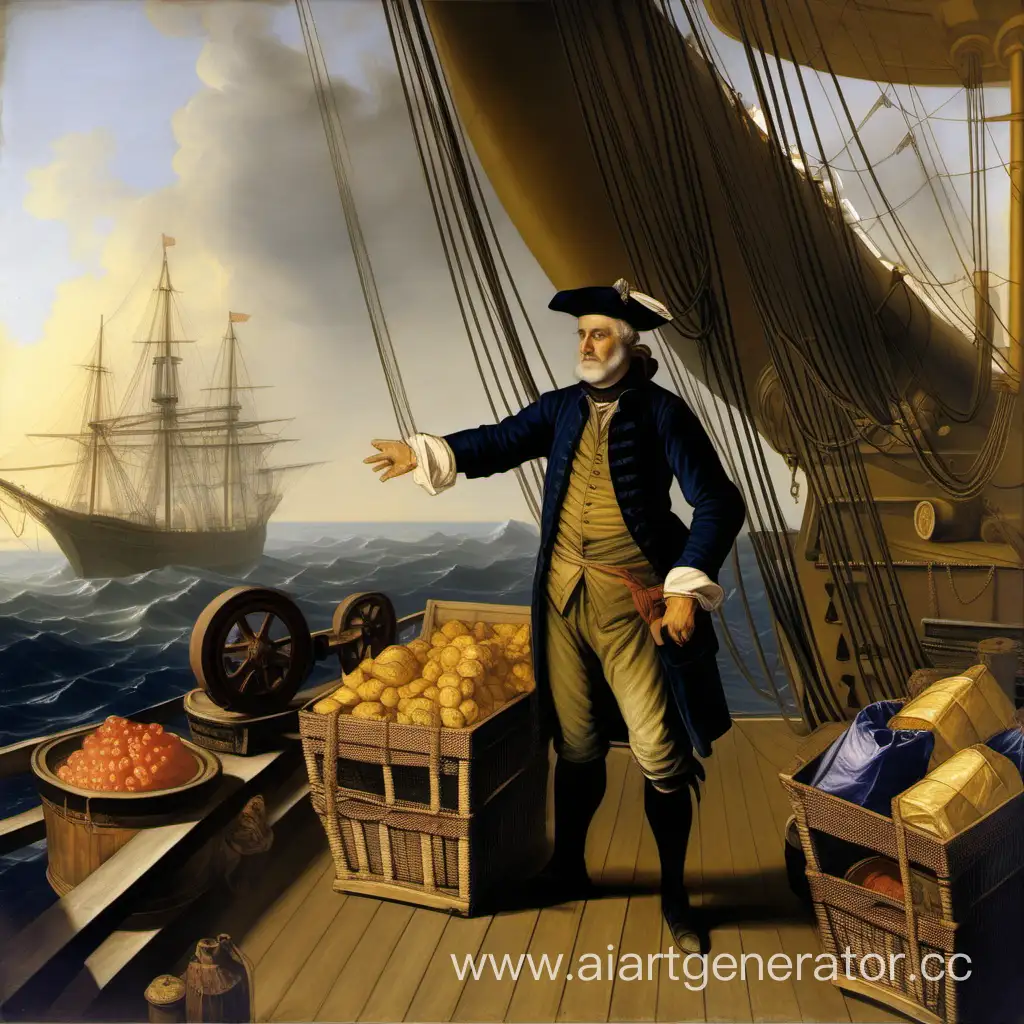 Морской торговец на палубе корабля а на фоне товары реализм