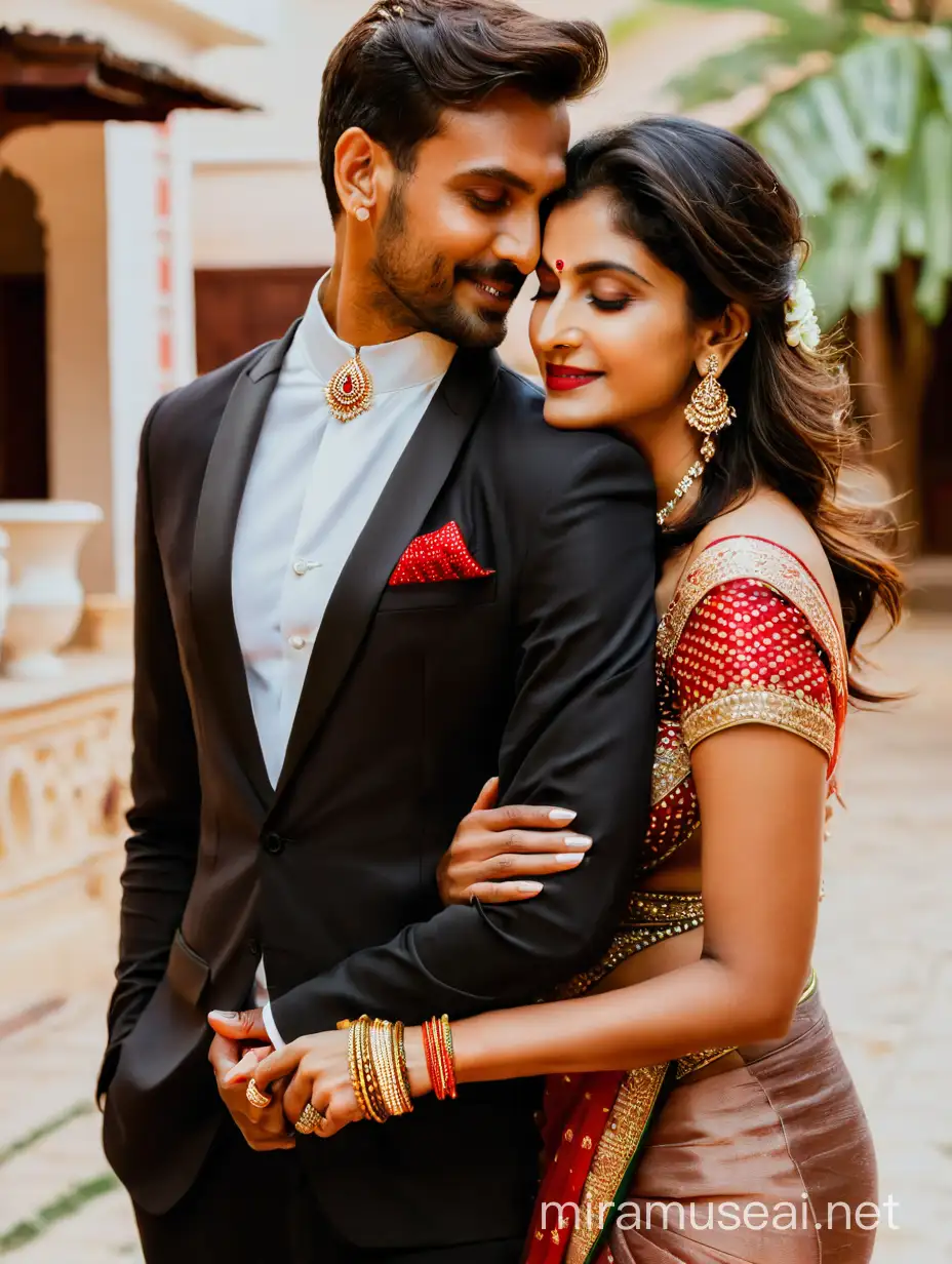 woman embracing man from behind. red dot, jewelry, elegant color saree, topless, 