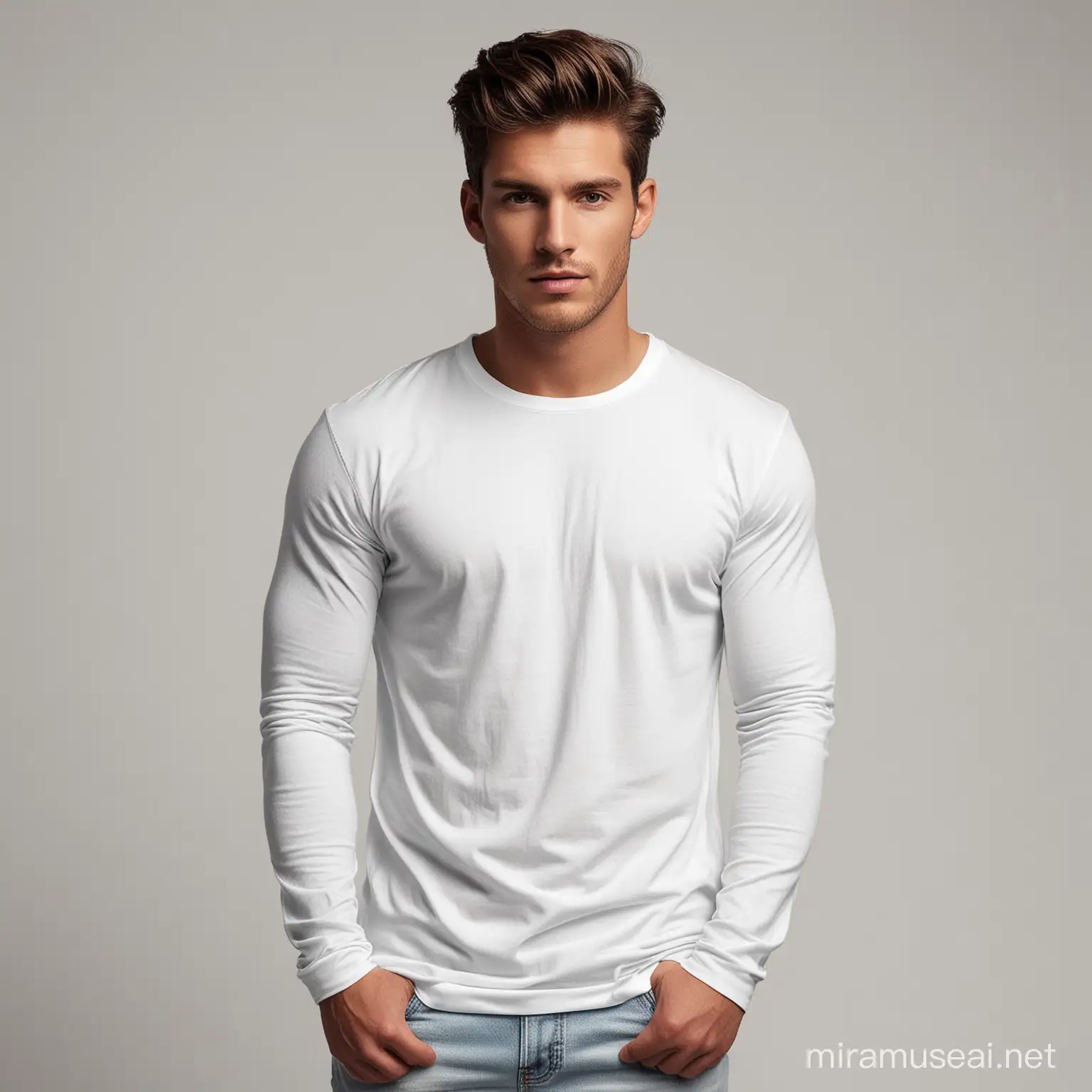 create for me male model wearing a white long sleeve without prints. See the whole body