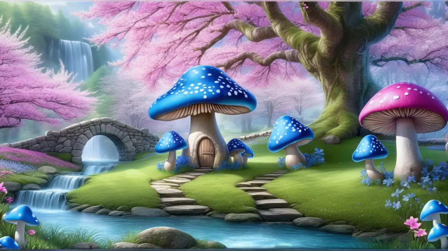 Magical Fairytale blue moss-blue flowers-covered mushroom-cottage by a magical magenta moat and Blue and Pink fairytale-magical mushrooms and cherry blossoms and fountain mushroom