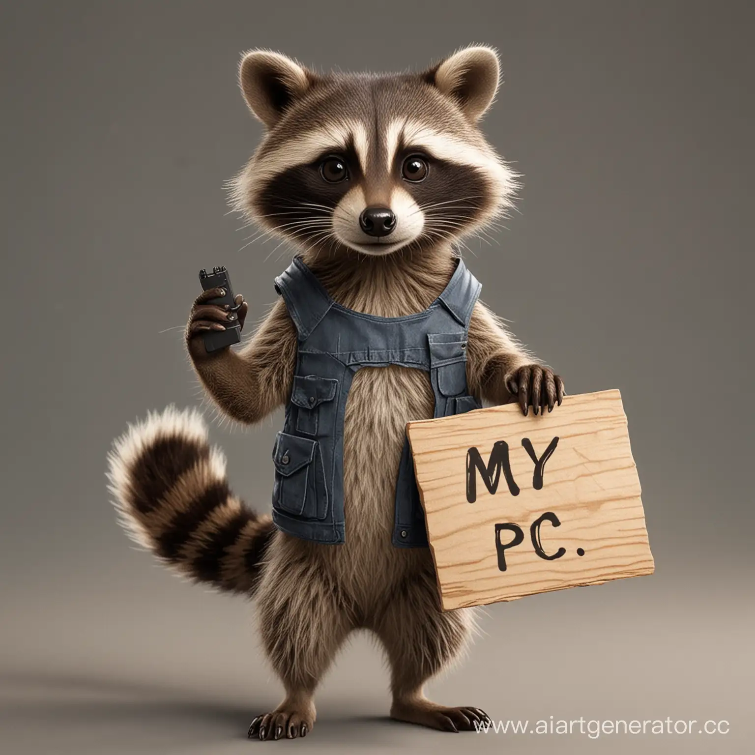 a raccoon with a sign in his hands that says "my PC"