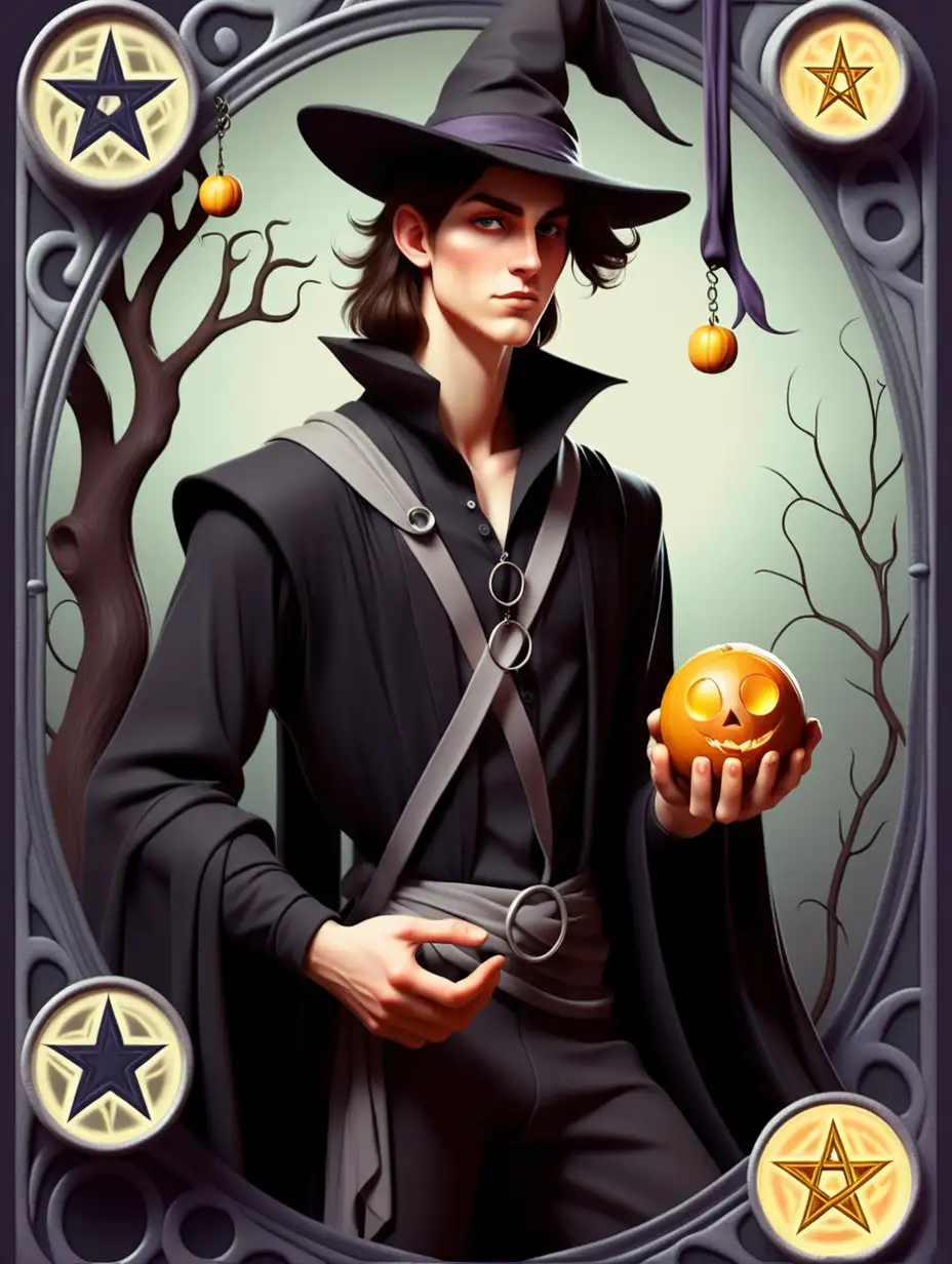 Charming Young Male Witch Embracing the Essence of Page of Pentacles Tarot Card