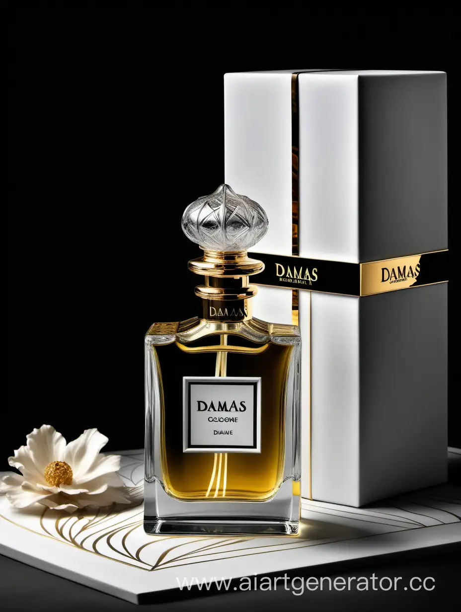 a bottle of damas cologne sitting next to a dark White box,with golden lines a Baroque dynamic luxurious composition, feminine
flemish Baroque