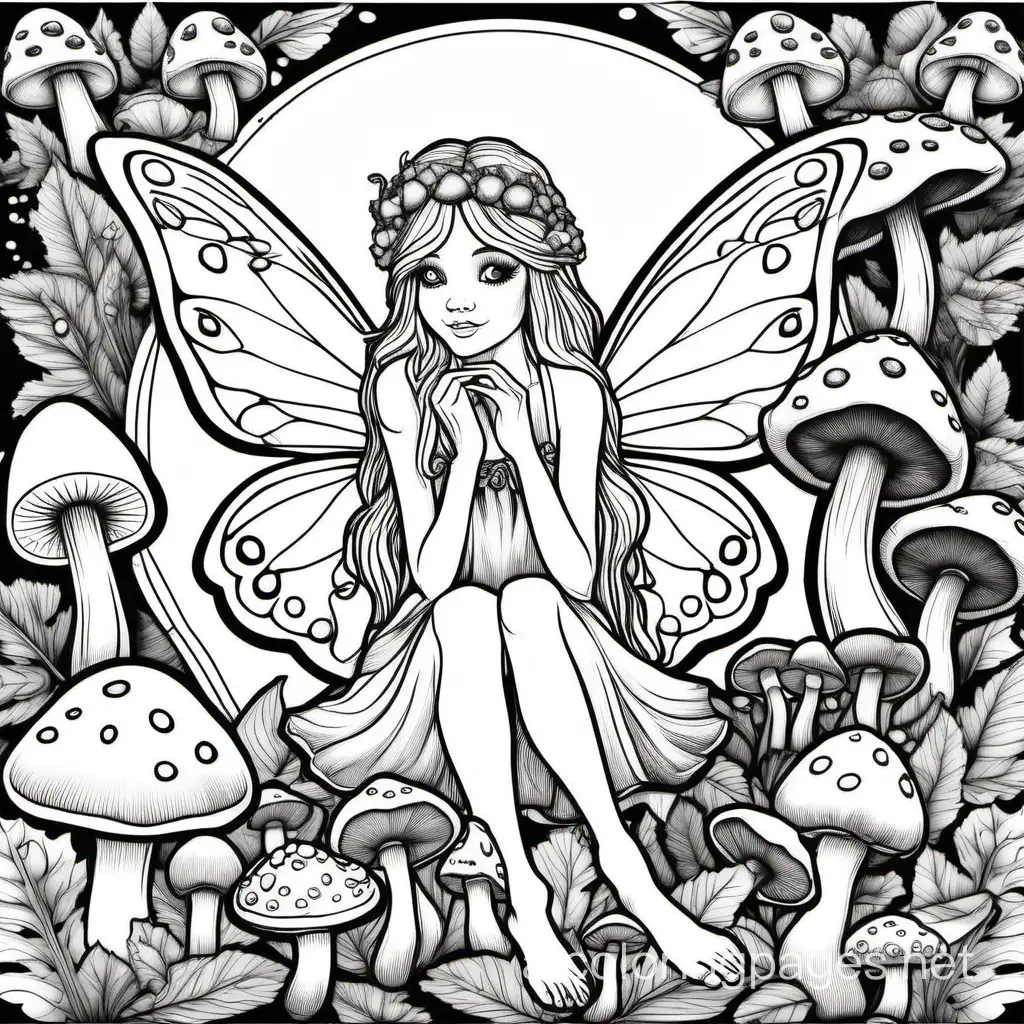 majestic fairy with mushrooms black and white adult coloring page
, Coloring Page, black and white, line art, white background, Simplicity, Ample White Space. The background of the coloring page is plain white to make it easy for young children to color within the lines. The outlines of all the subjects are easy to distinguish, making it simple for kids to color without too much difficulty