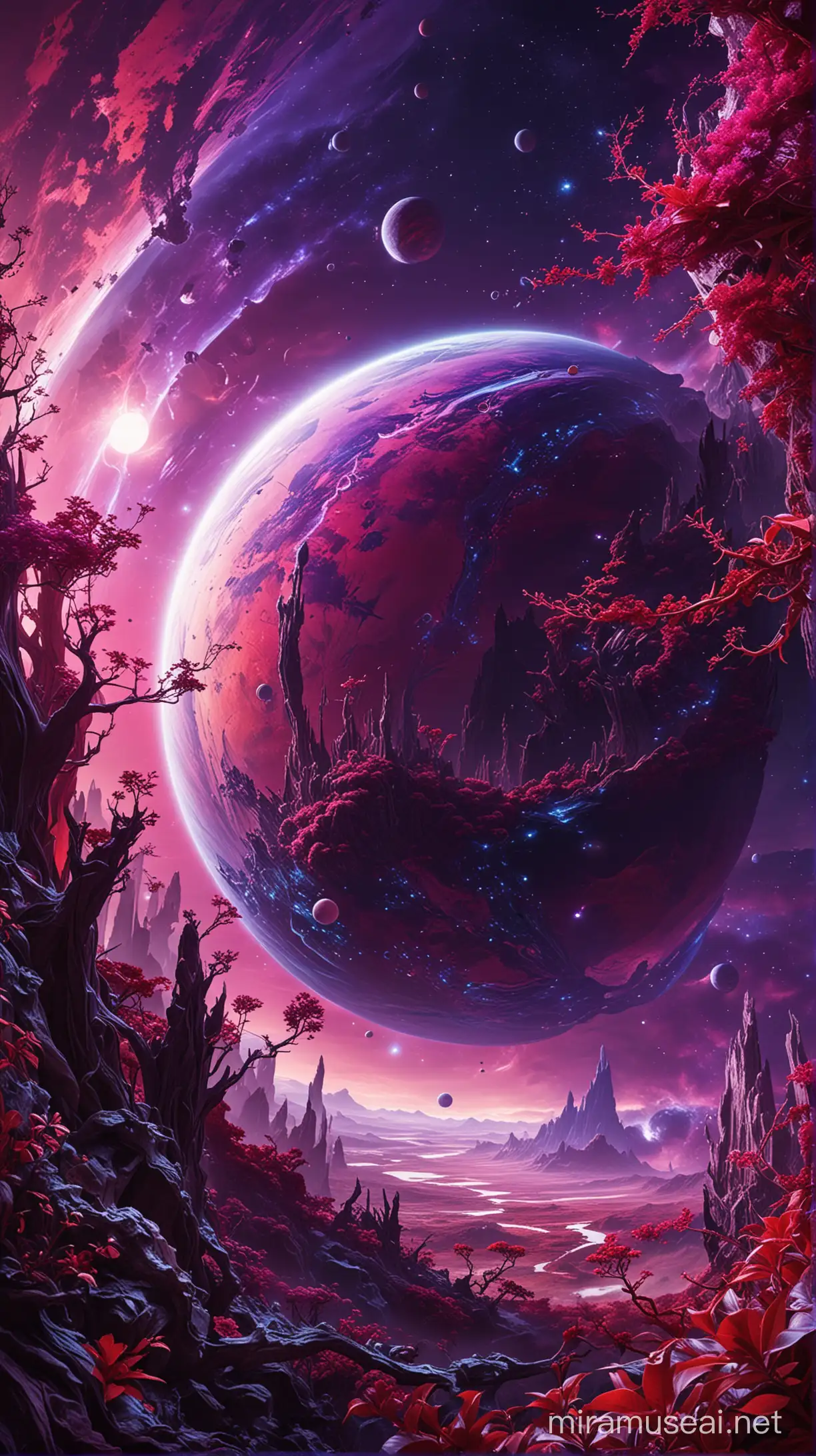 A breathtaking view of a planet nearly identical to Earth, but with vibrant purple oceans and crimson plant life.  Spaceships of fantastical design orbit the planet
