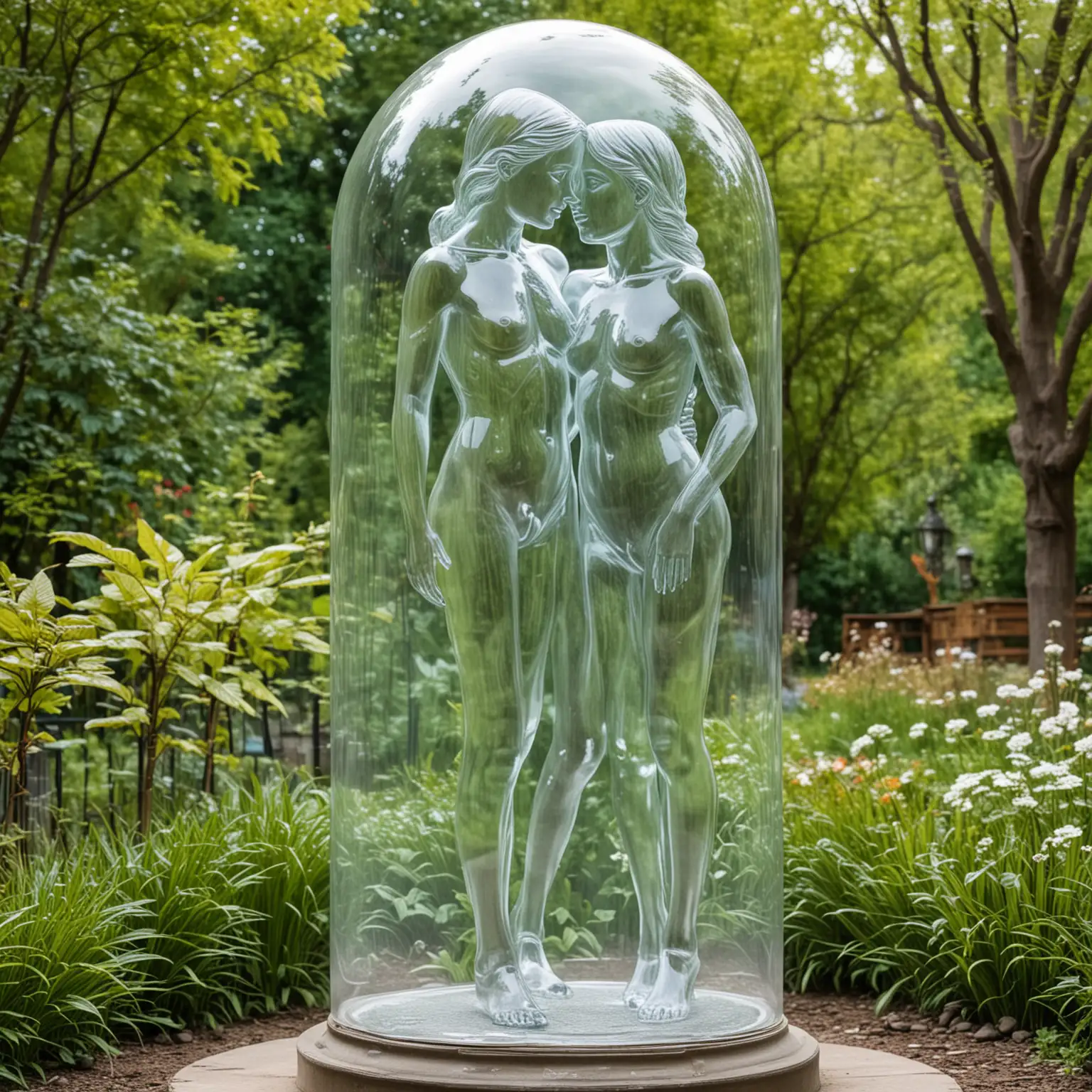 statue of a naked loving girl and boy in transparent glass in a garden full body