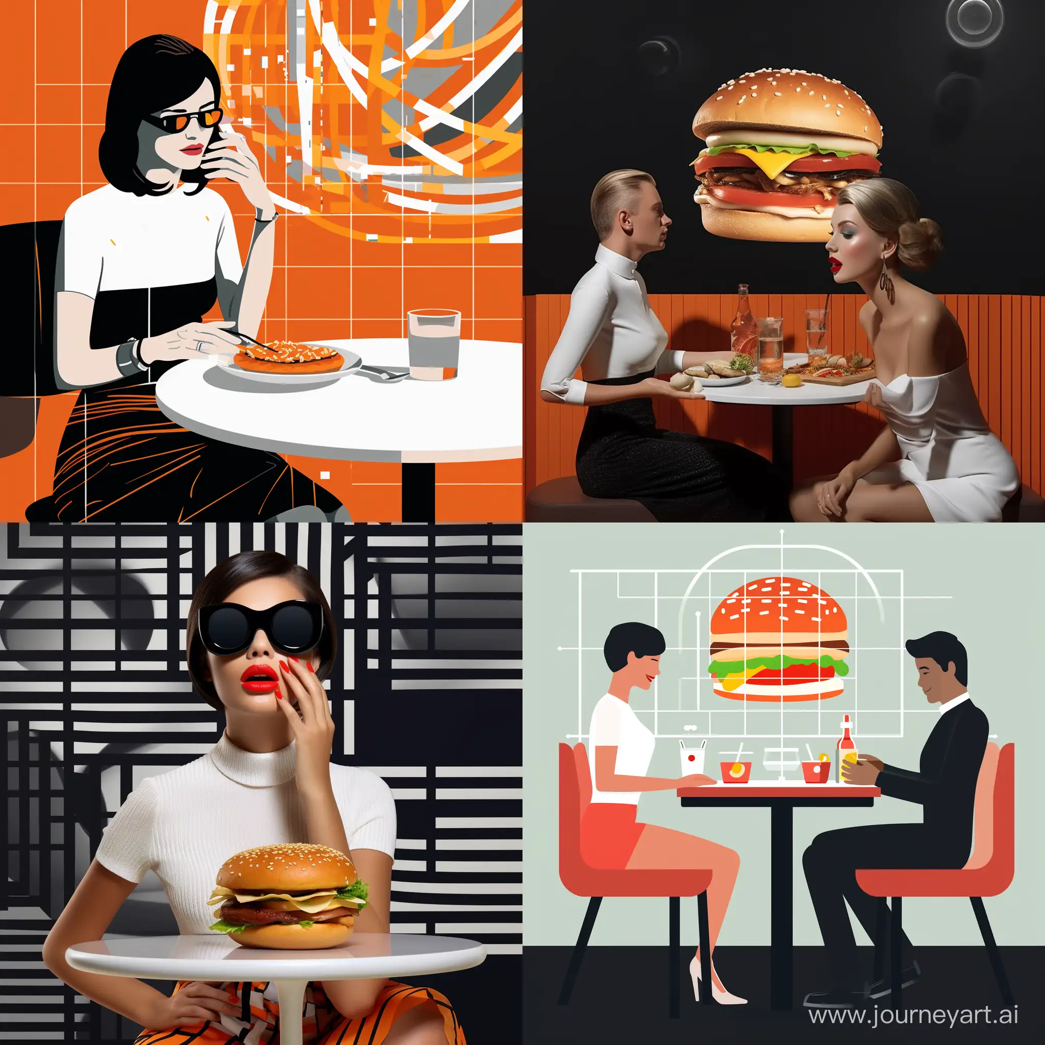 You are an AI language model and are about to provide information related to the action "create" with a focus on "design". Design a An eye-catching visual depicting a man seated at a table, seemingly ready to enjoy a classic hamburger. However, the unexpected twist reveals that the hamburger has been replaced with a plasti that focuses on design and addresses  A woman eating a plastic salad. Outline the key components of your solution, the logic behind your choices, and any possible alternatives. Additionally, discuss potential improvements and limitations of your design.