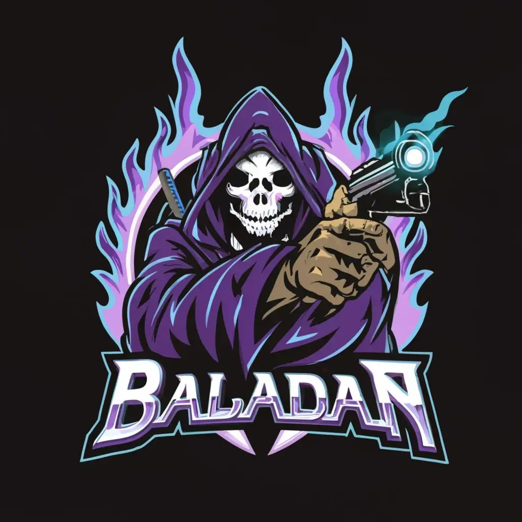 logo, Grim reaper with a gun. Purple flames coming from hand, with the text "baladan", typography