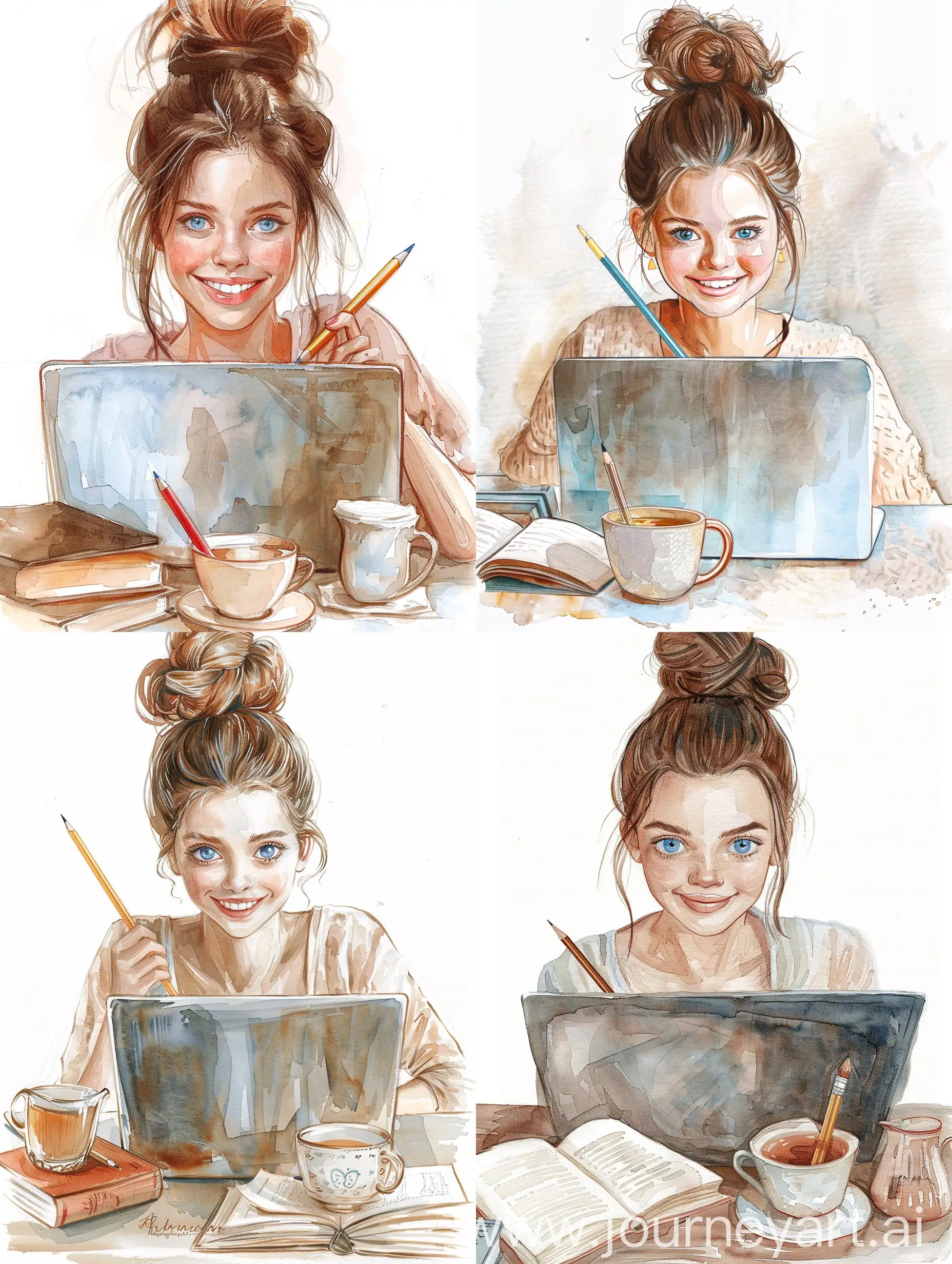 Serene-Girl-with-Brown-Hair-Sketching-by-Laptop-with-Tea