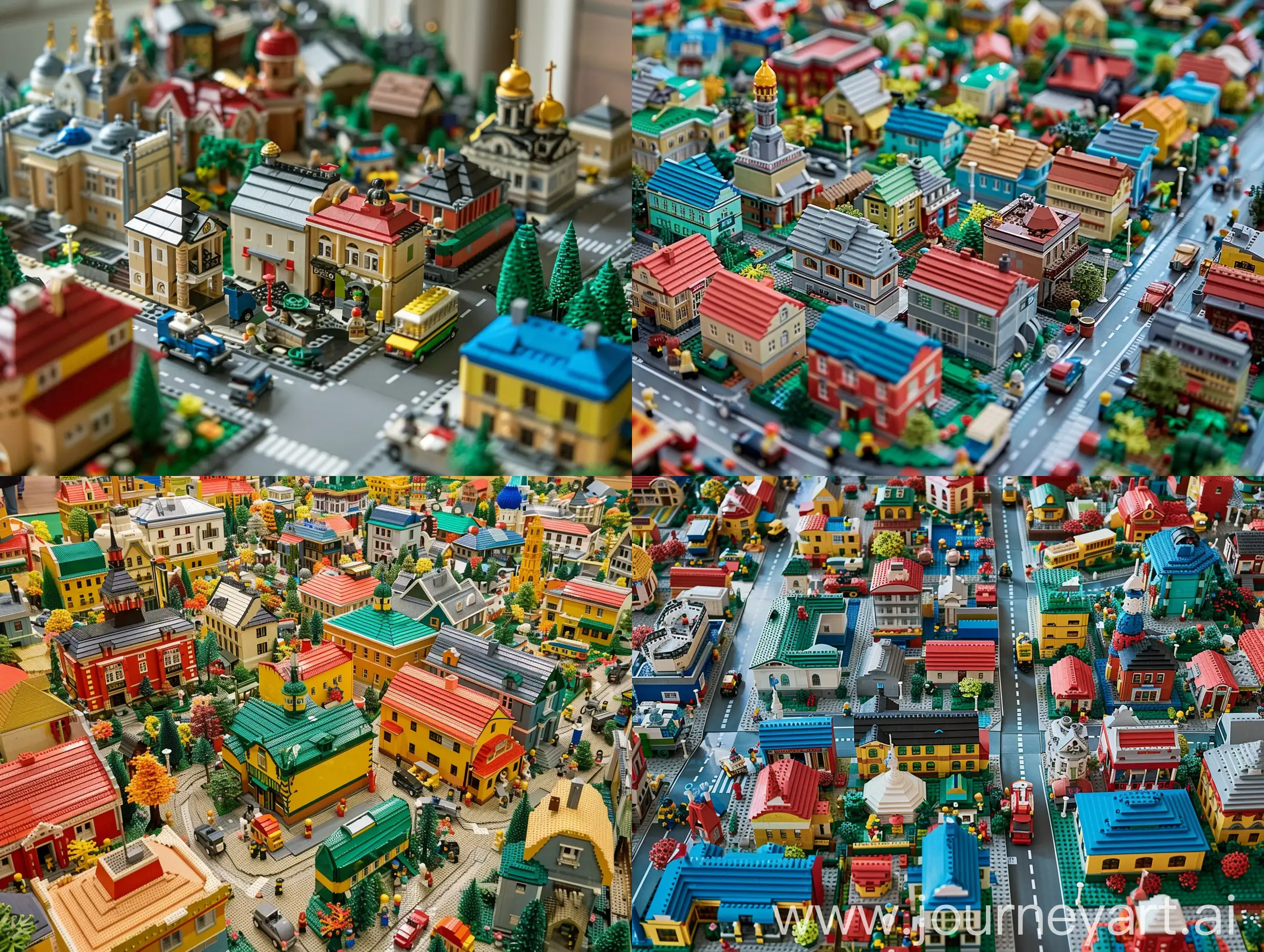 an aerial view of a Lego diorama capturing Moscow’s essence, complete with tiny houses, landmarks, vehicles, figures, in the style of intricate miniature design, colorful building blocks, modular construction, detailed city features, playful and whimsical layout --v 6.0