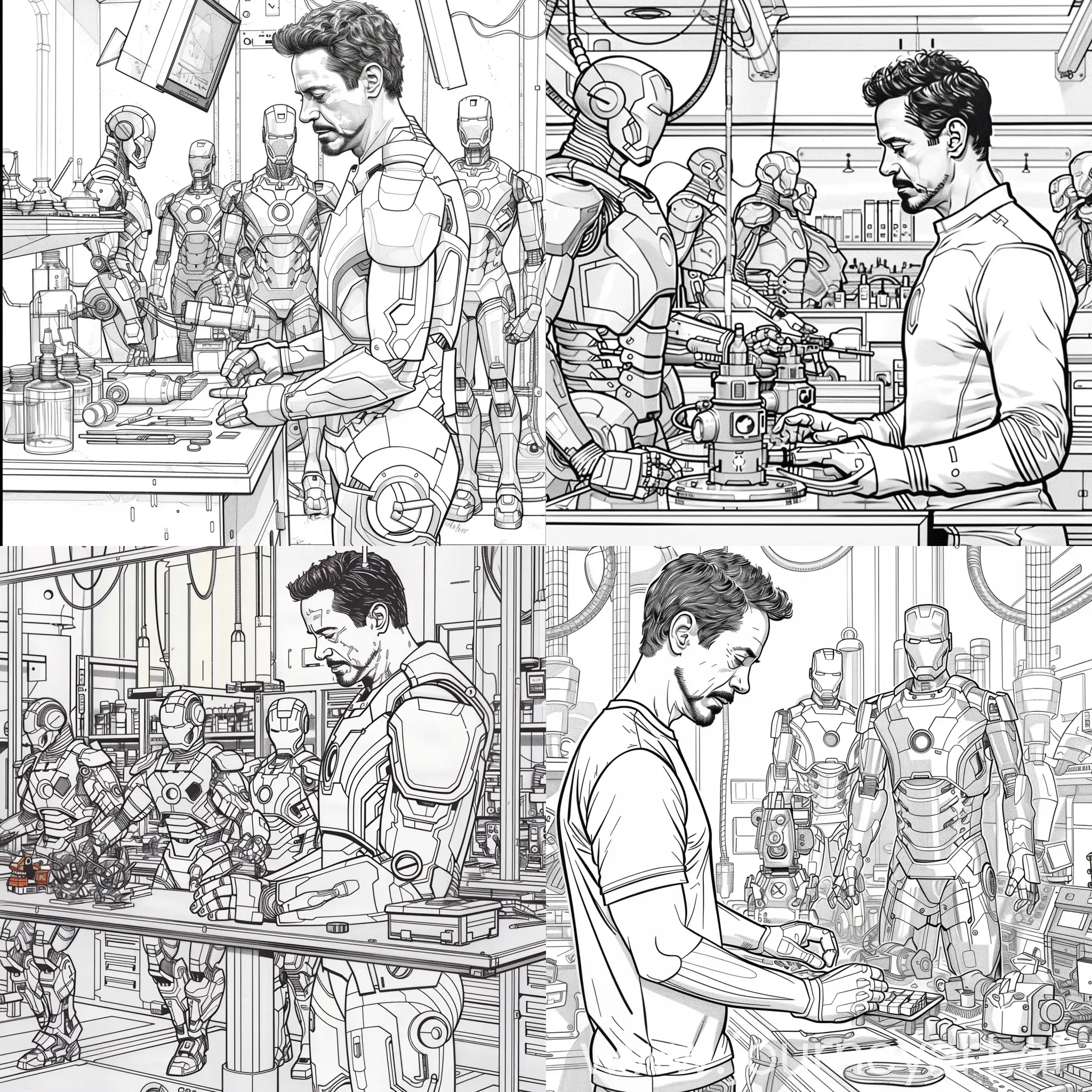 Coloring book page of Tony Stark working in his laboratory with several robots, Iro Man, marvel, black and white, minimalism, few details