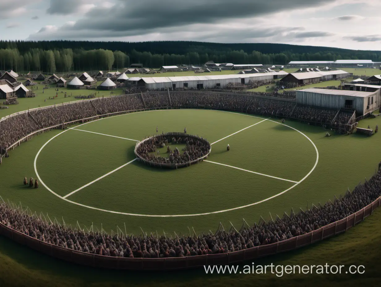 панорама огромная  деревня викингов с футбольным полем