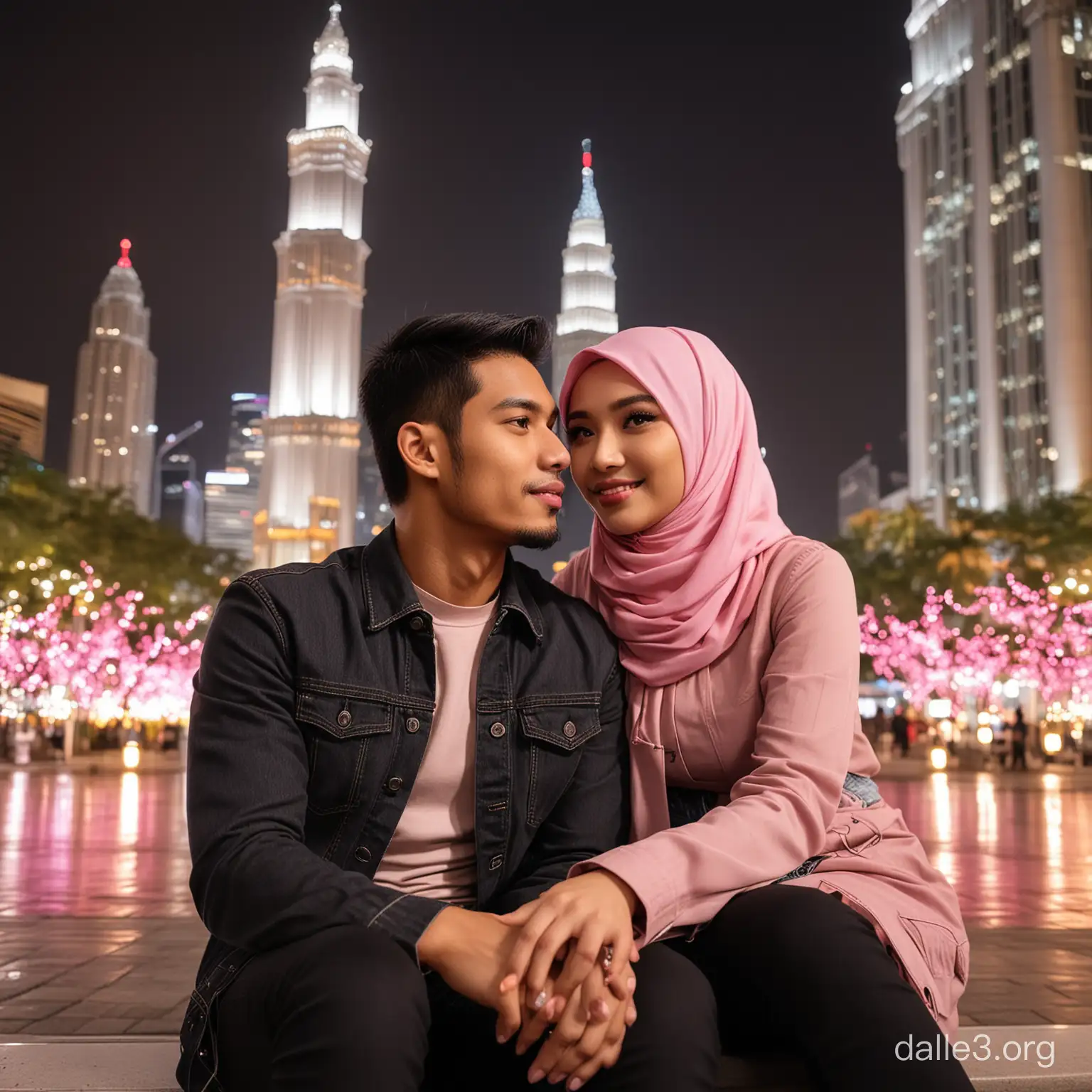 photography, beautiful malaysian couple,man 30 yo wearing brown jecket and black jeans,women 32 yo wearing a hijab, wearing a pink sweeter and black jean,sitting in front of the kuala lumpur klcc,emitting very beautiful colorful lights, nighttime atmosphere, the man sitting  behind her couple in the romantic situation, super realistic details, 16k, Uhd 