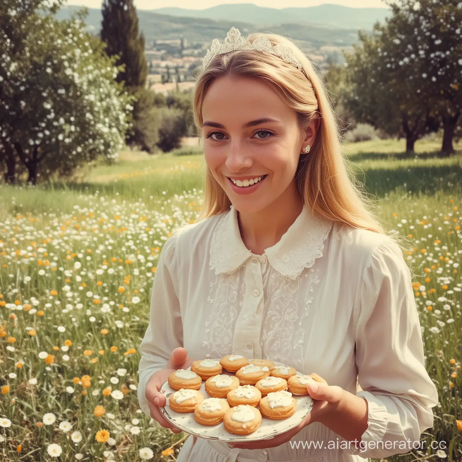 счастливая принцесса  на юге Франции 60-е годы среди красивой природы  ест  аппетитные маленькие французские печенья калиссоны с белой помадкой сверху , овальной формы.   в ретро стиле  как фото, не картинка