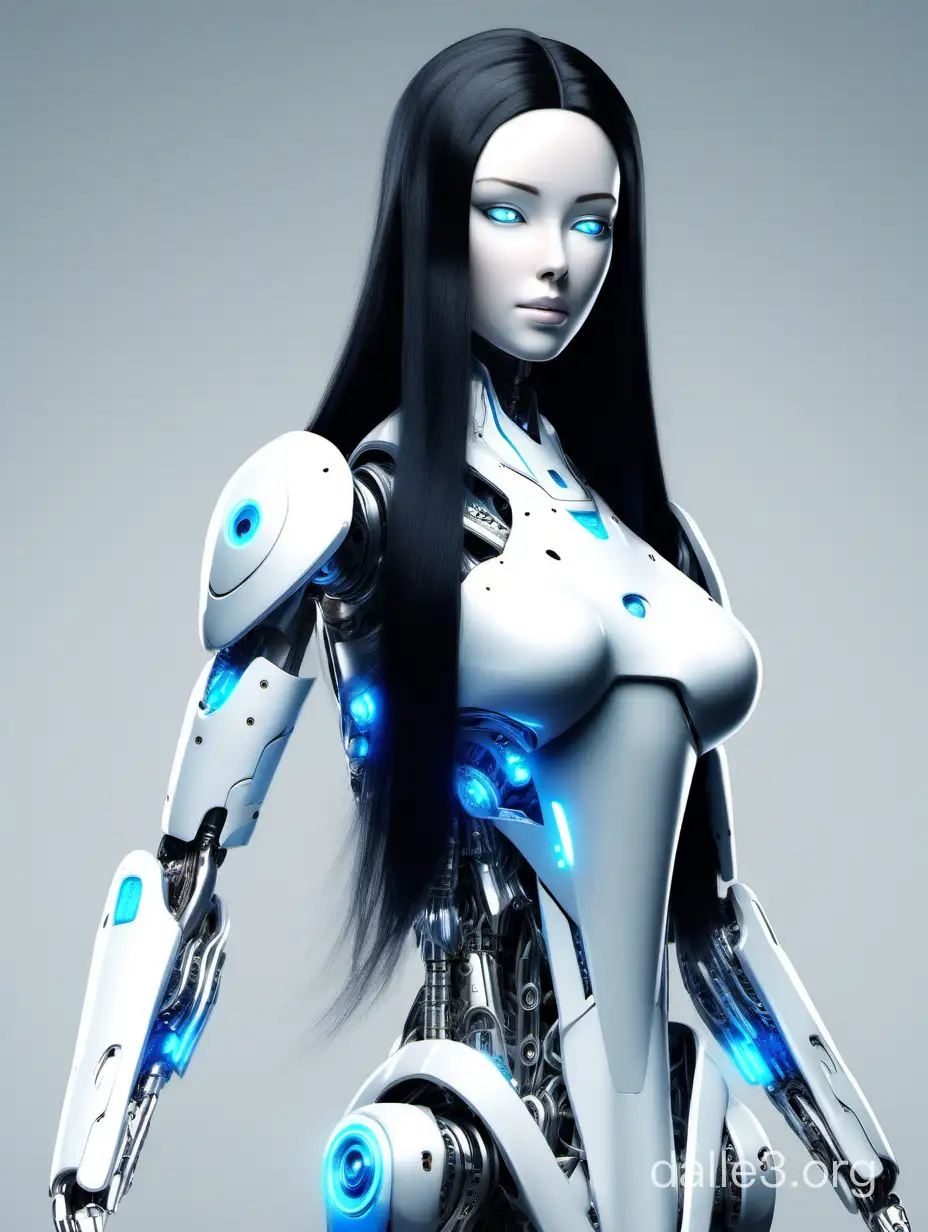 A humanoid robot with a sleek silver body, blue eyes, and long black hair. She wears a white dress and a blue scarf