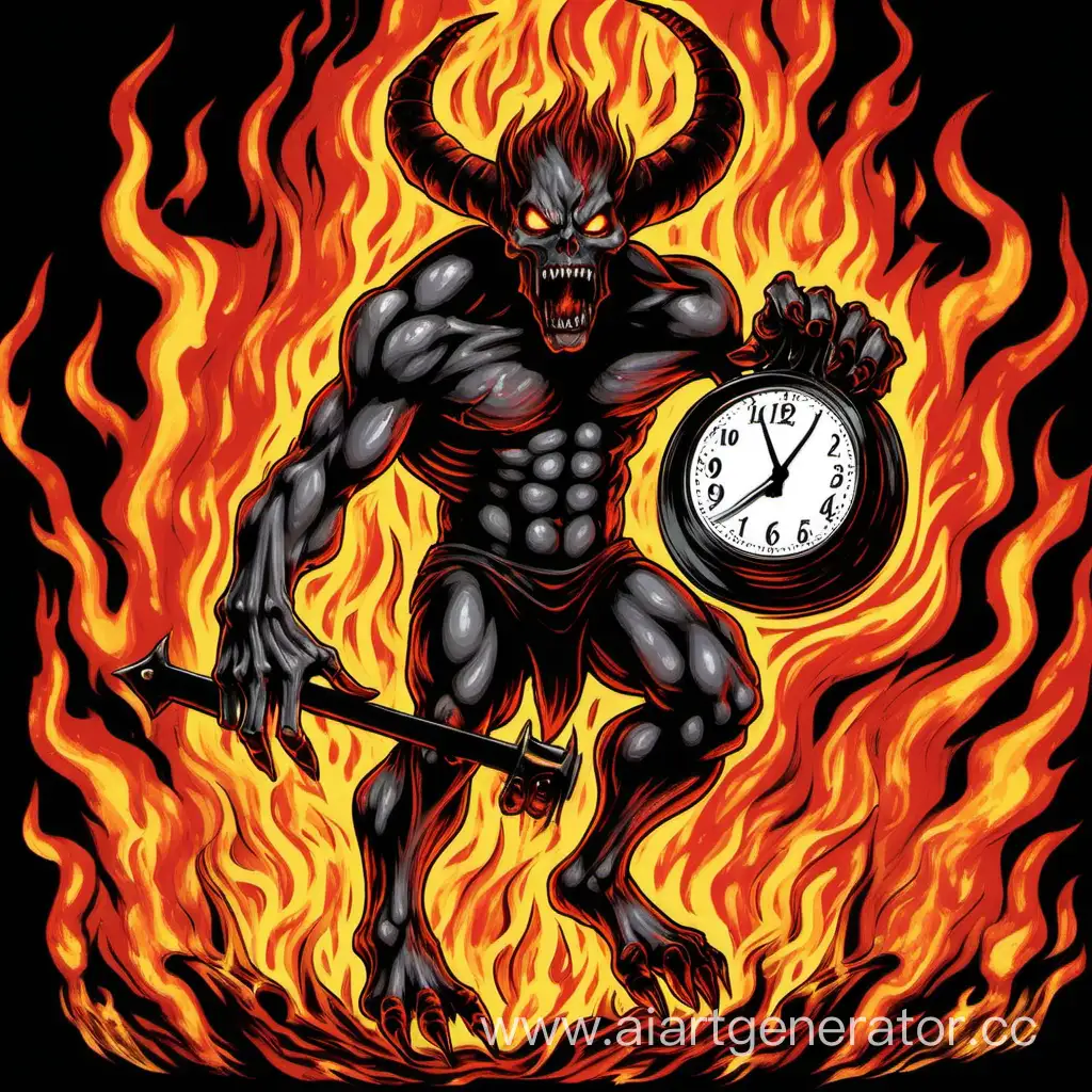 демон в огне держит часы в стиле металлика







