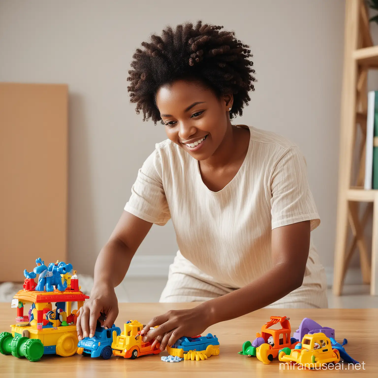African Woman Engaging in Household Chores Cleaning Childrens Toys
