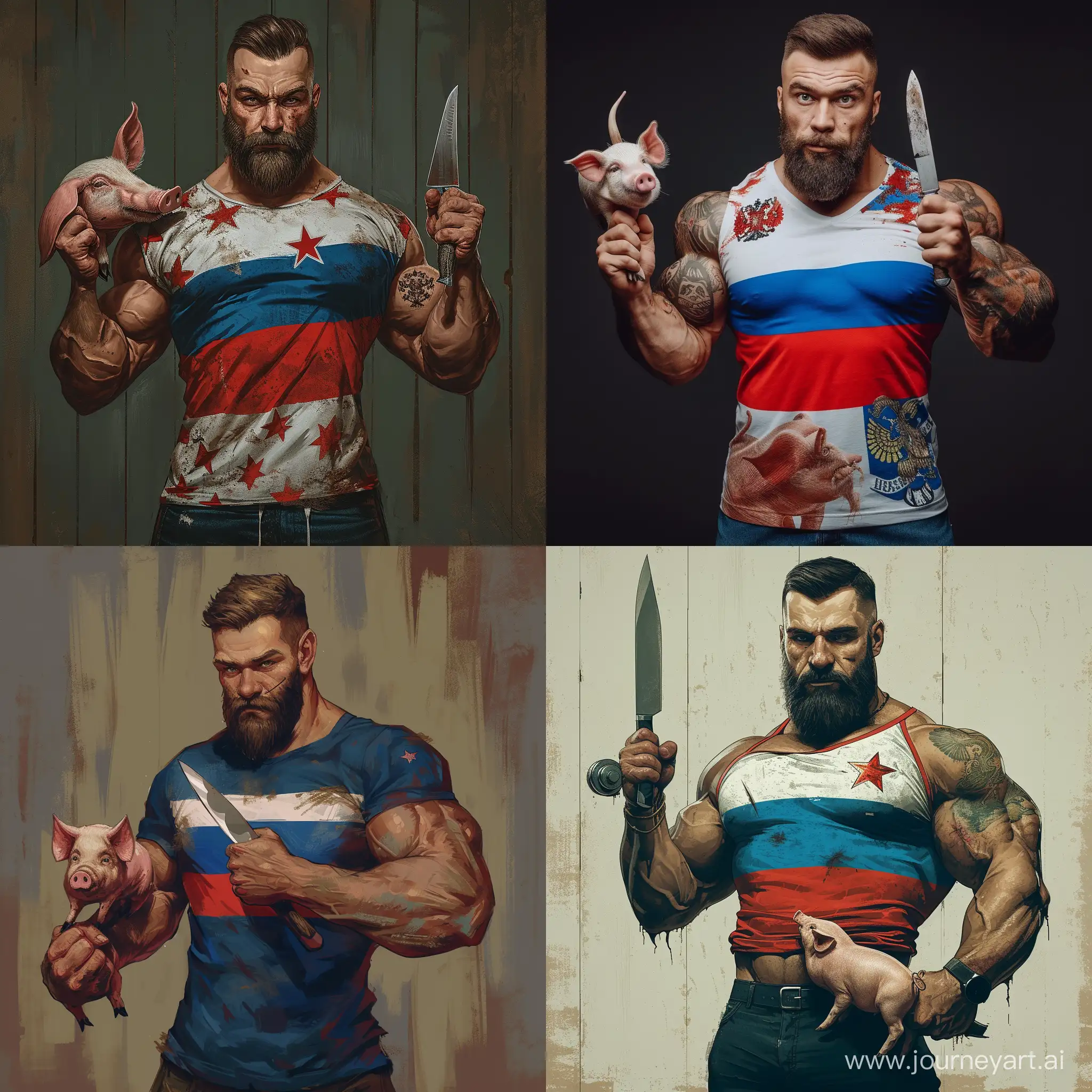 Pumped-up bodybuilder with beard in t-shirt with Russian flag holding a knife in his right hand and in the left hand there is a pig