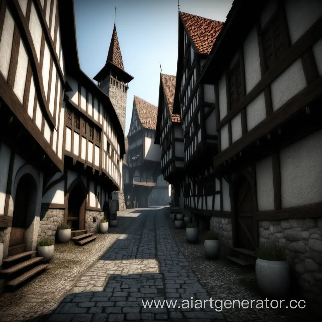Medieval-City-Street-with-Cobbled-Roads-and-Towering-Architecture