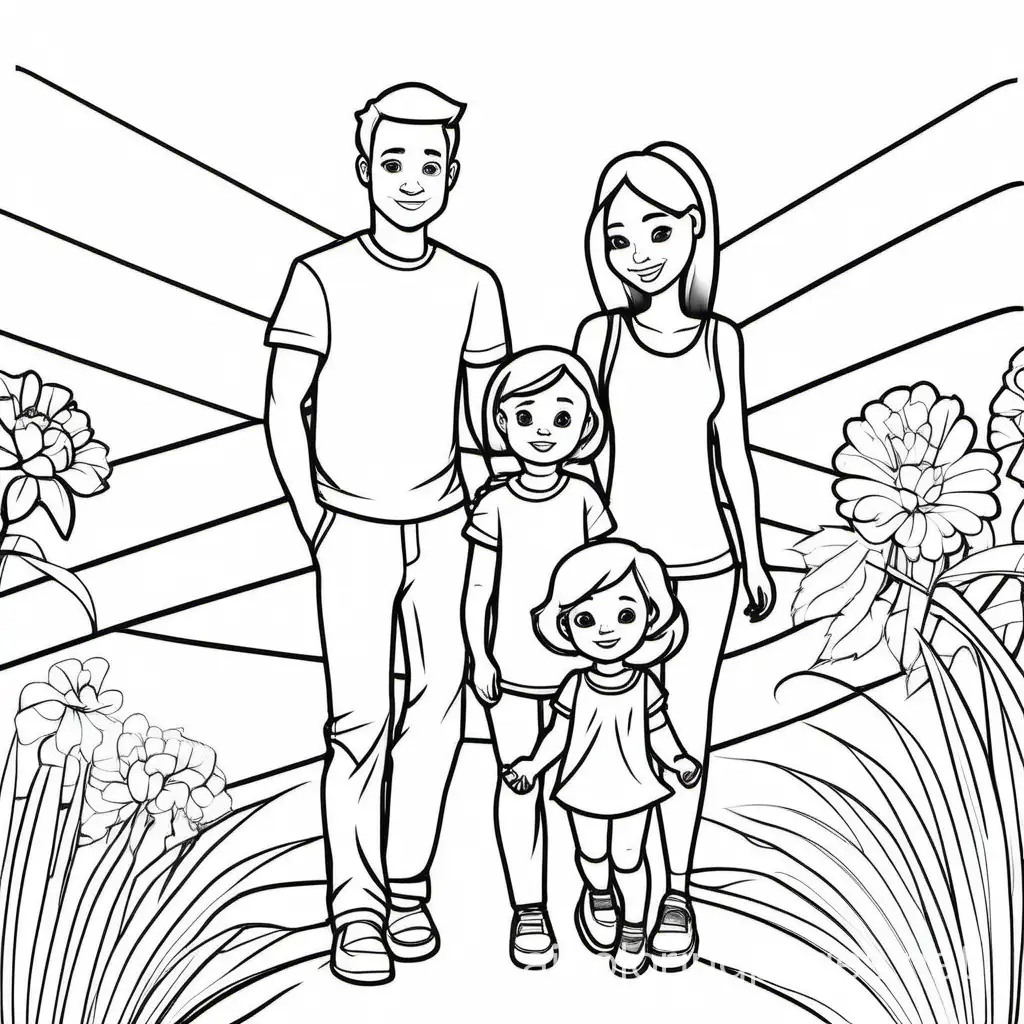 a young dad and a girl toddler and a girl baby
, Coloring Page, black and white, line art, white background, Simplicity, Ample White Space. The background of the coloring page is plain white to make it easy for young children to color within the lines. The outlines of all the subjects are easy to distinguish, making it simple for kids to color without too much difficulty
