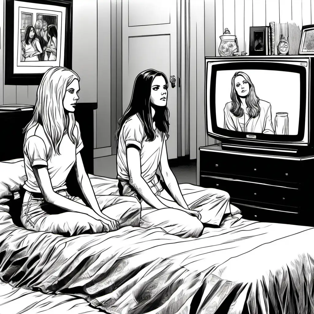 simple black and white drawing of  blond young women and brunette young woman, watching television in bedroom all dressed in white, from 'the ring' movie