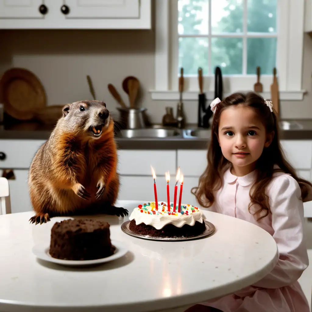 A groundhog sitting at a kitchen table, a small girl standing beside him.  The cake is in front of the groundhog. The kitchen cupboards are white and elegant.  There is only a birthday cake on the table with candles burning. Move the birthday can in front of the groundhog. 
