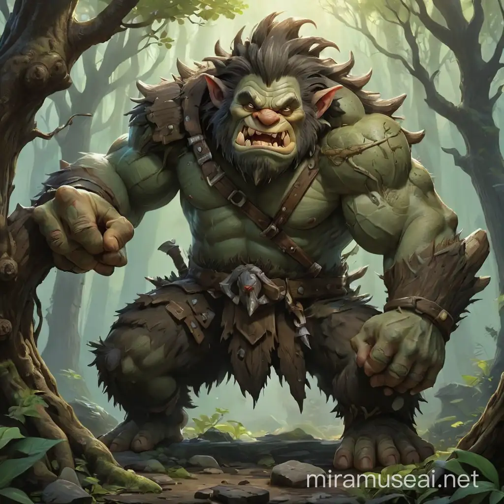 Dungeons and dragons, fantasy, A giant troll with only one arm, a tree trunk in his hand that he used as a weapon,