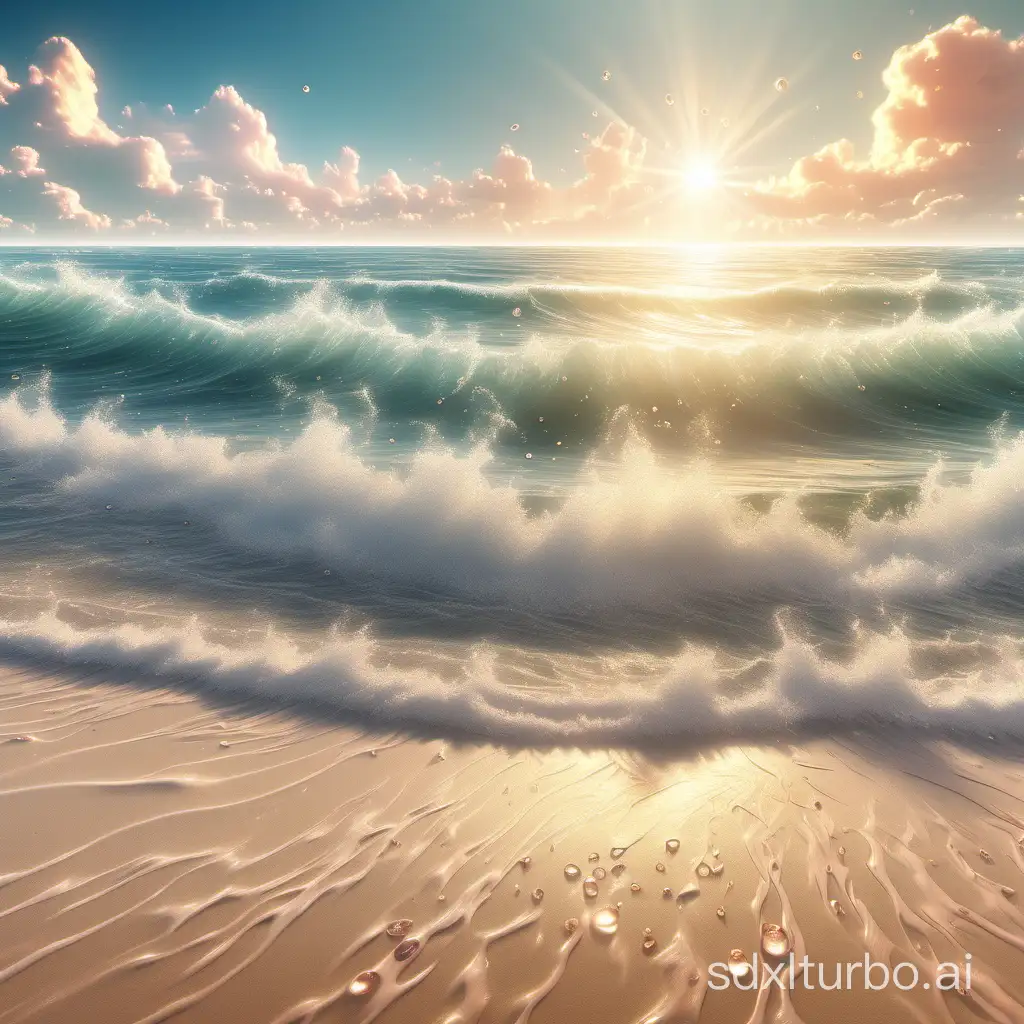 Ocean and beach scene, bright sunshine casting on beautiful vision with crystal clear,detailed blush, subtle breathing effects,. Intricate details of sea waves, water drops, and sand particles. Captures a dynamic and highly detailed scene, vibrant with cinematic lighting. It's a Digital painting, with a sharp focus and 32k resolution.