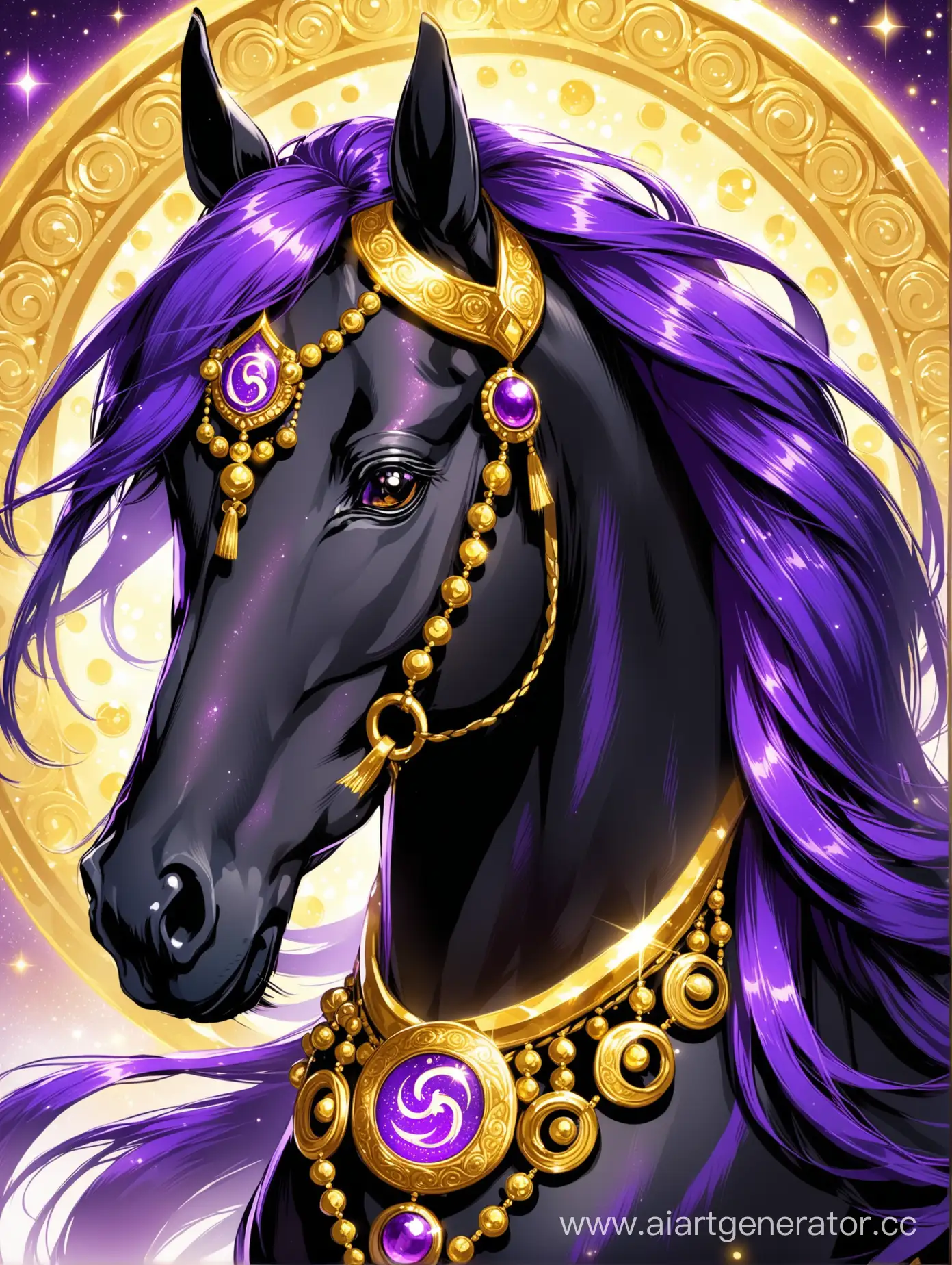 Черный конь с сияющей фиолетовой гривой. Весь в золотых украшениях и с фиолетовым символом на лбу