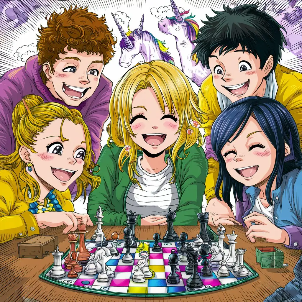 Five Happy Manga Characters Playing Chess on Vibrant Colored Background