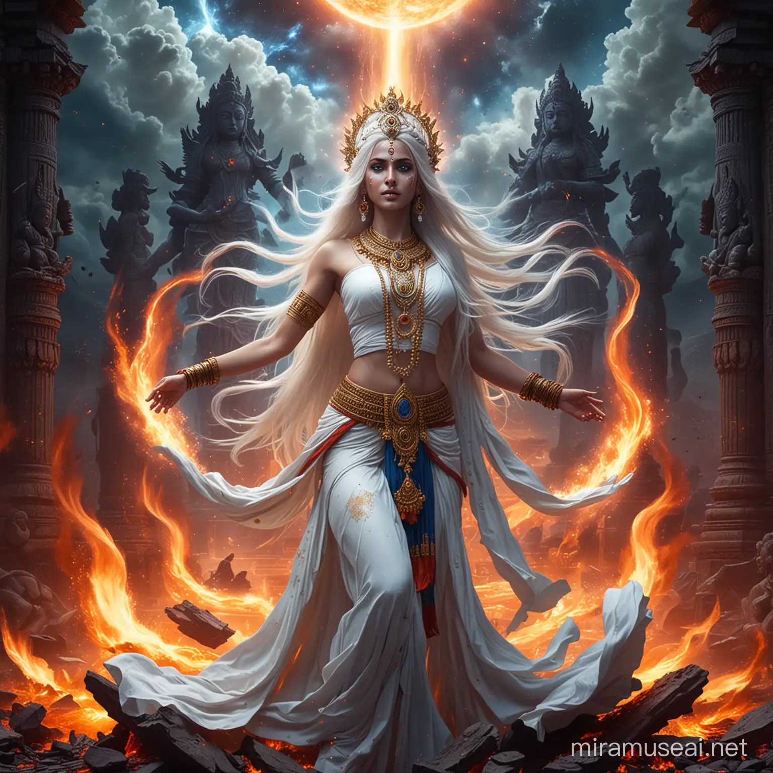 Empress Goddess in Mystical Hindu Attack Position Surrounded by Cosmic Power and Energy Fire