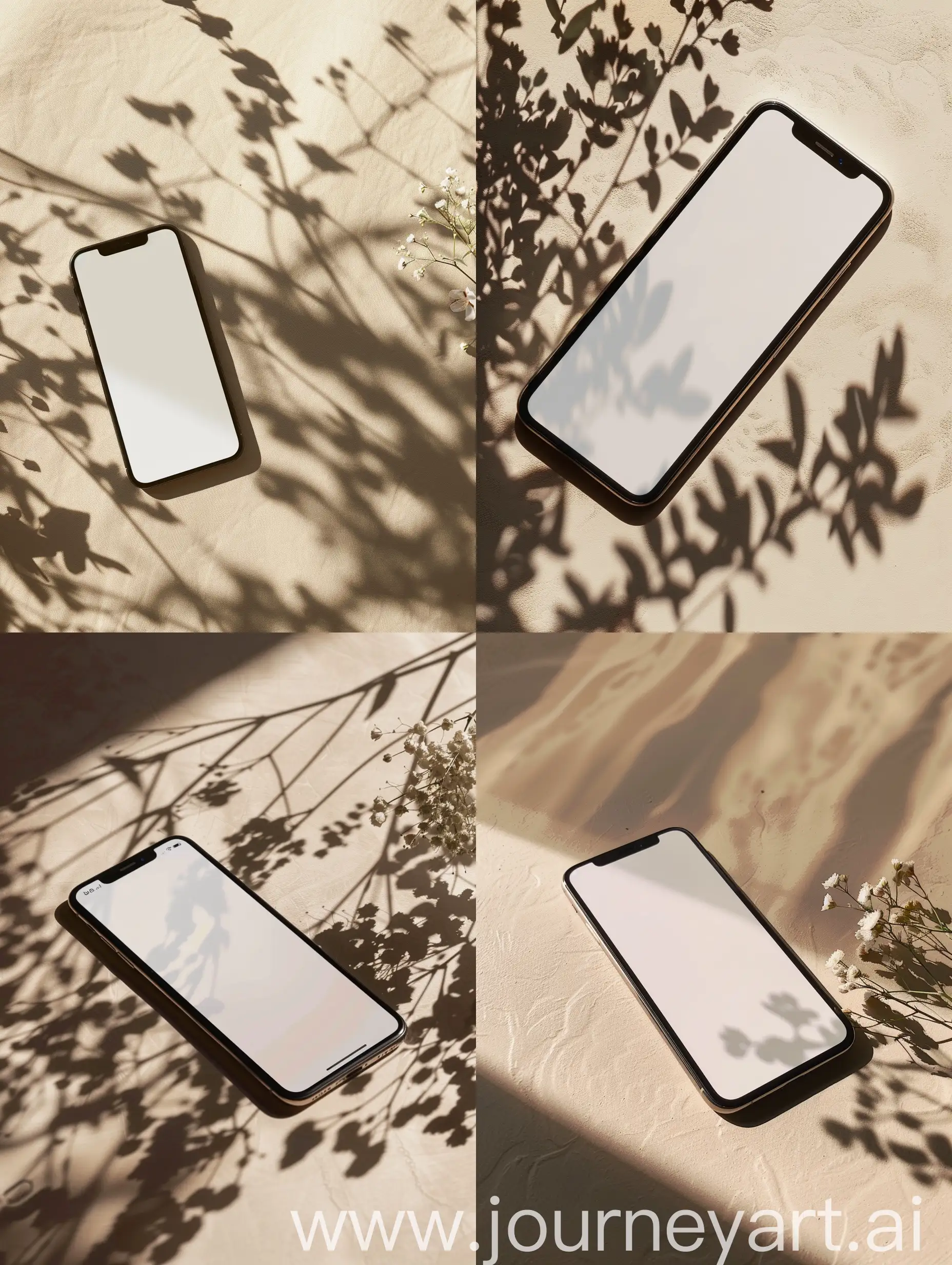 iphone with completely white screen laying on biege table with shadow of flowers