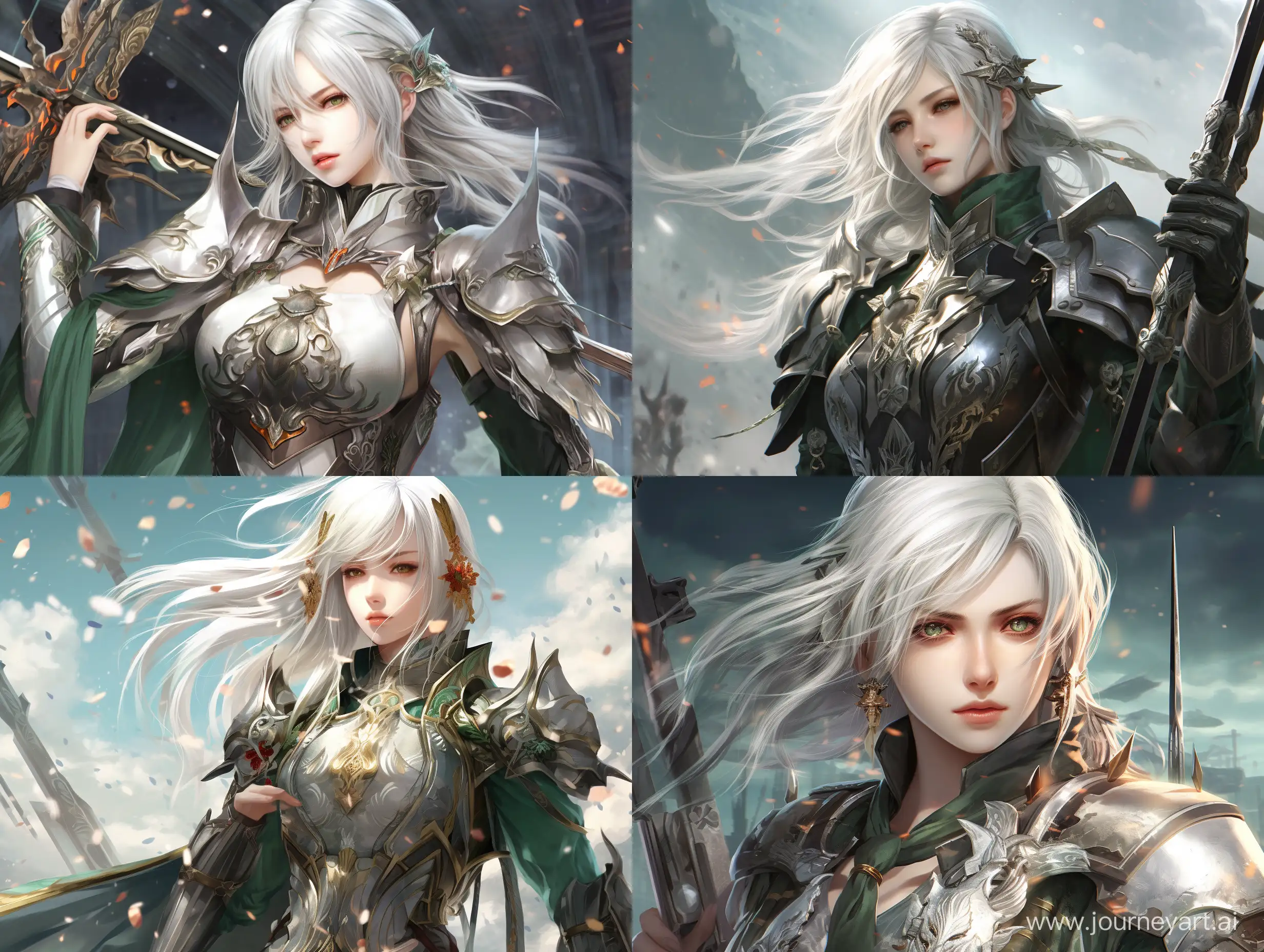 three kingdoms period female general, beautiful girl, white hair, silver head jewelry, spear in left hand, standing, green chinese armor with gold details, right hand raised with closed fist, chinese scenery, illustration, inspired by dynasty warriors.
