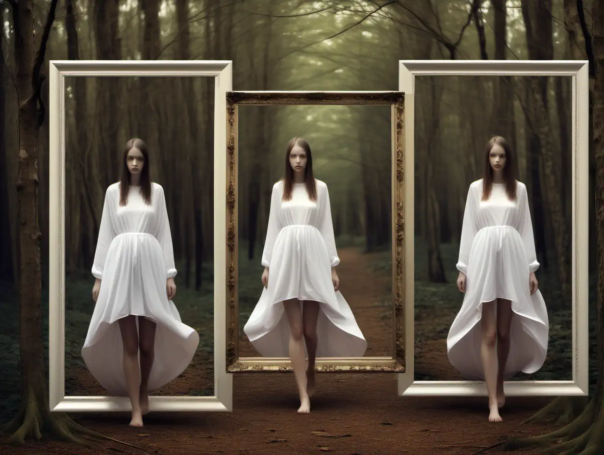 Surreal Girl Walking Through Woodland Picture Frame in Mirrored Reflection