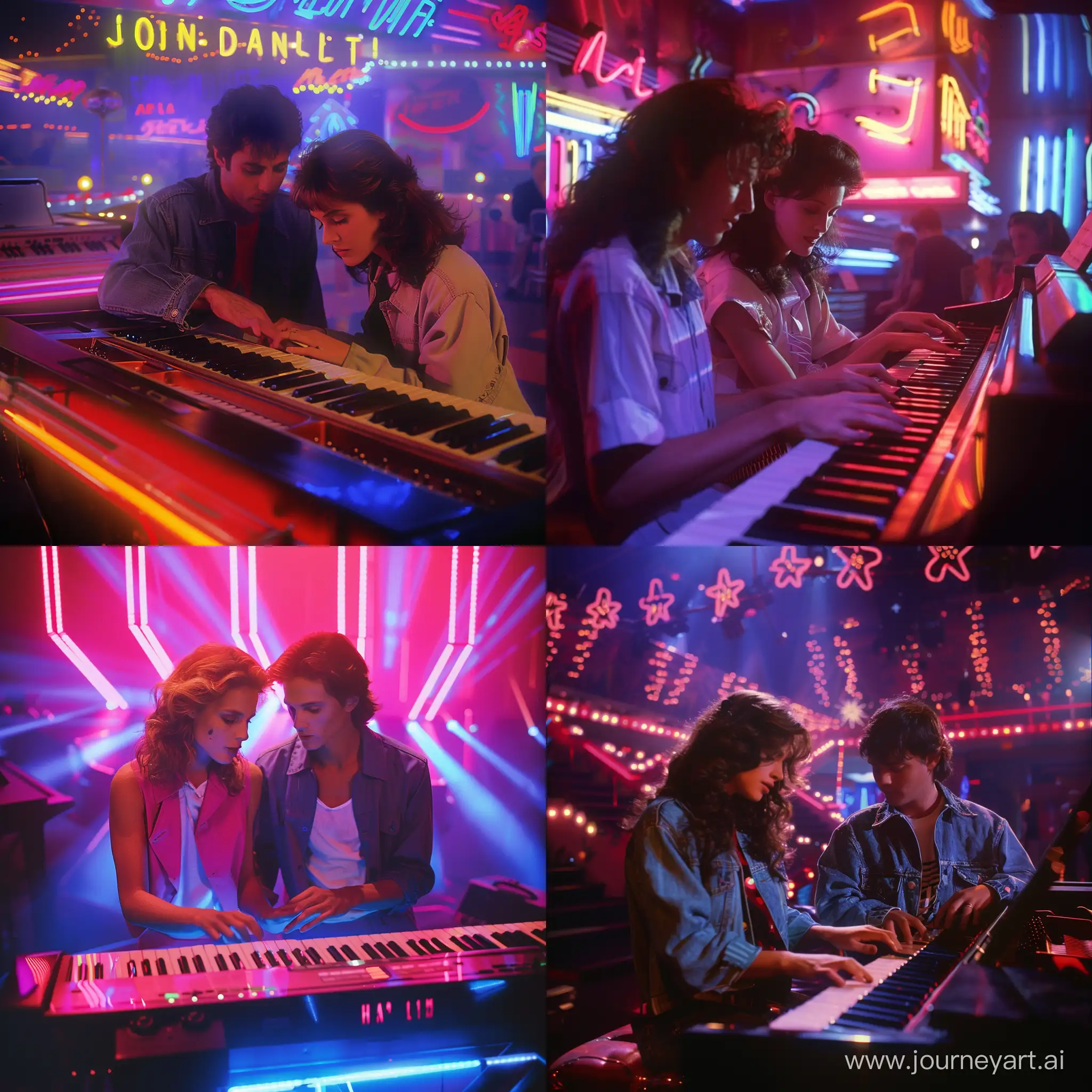 Haz una escena cinematográfica de una película de John Carpenter de la década de 1980s donde se observa a una pareja de jóvenes tocando el piano, rodeado de luces de neón