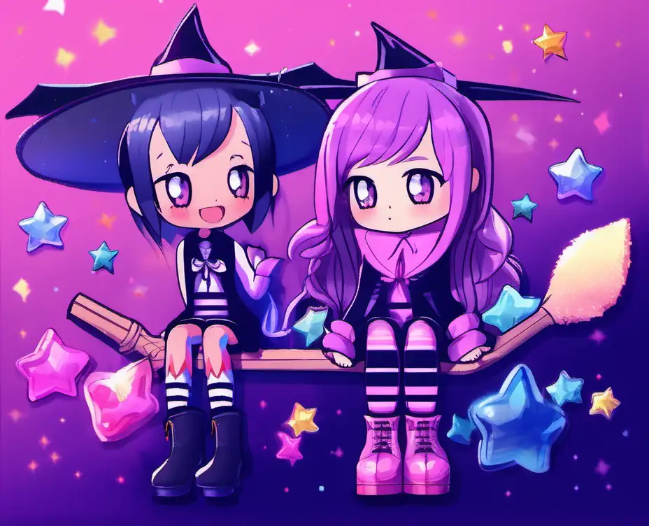 kuromii and lady melody sitting together on a broomstick with striped socks and black boots on, with a pink and purple background surrounded by little gem stars and little bats