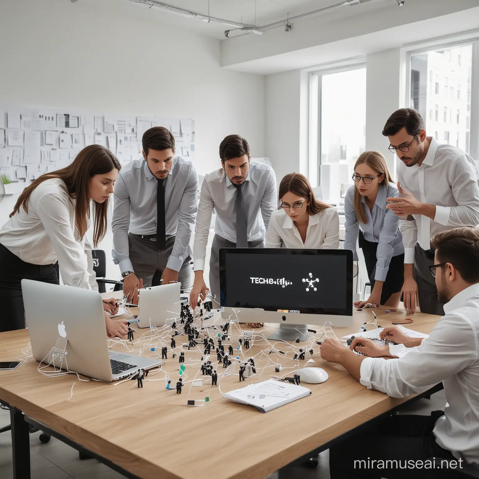 a situation where a person or group of business people try to solve a tech problem at the office