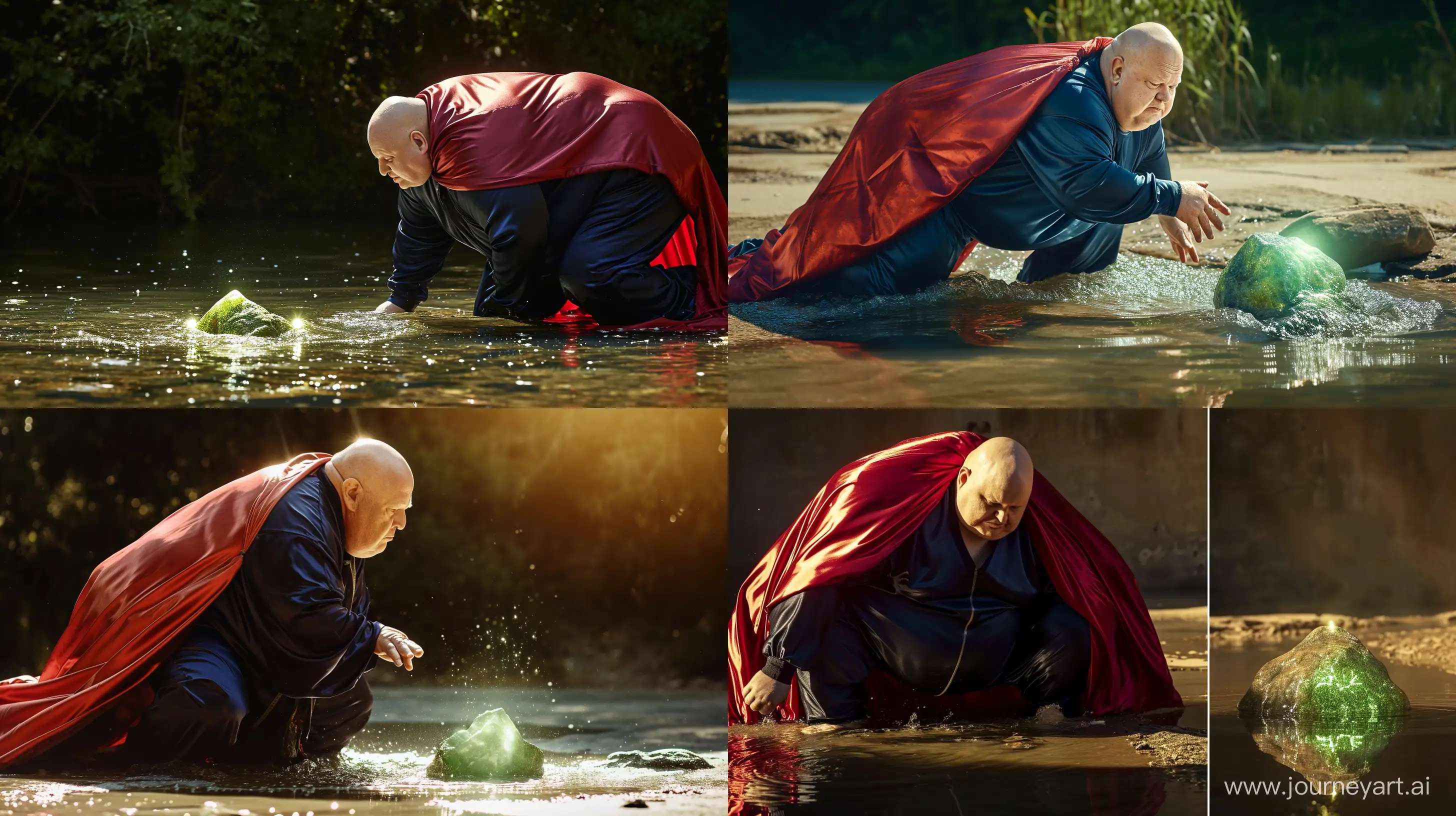 Lateral photo of a chubby man aged 70 wearing a silky navy tracksuit. Large red silky cape. He is crawling on all four in water away from a small green glowing rock in front of him. Direct Sunlight. Bald. Clean Shaven. Outside. --style raw --ar 16:9 --v 6