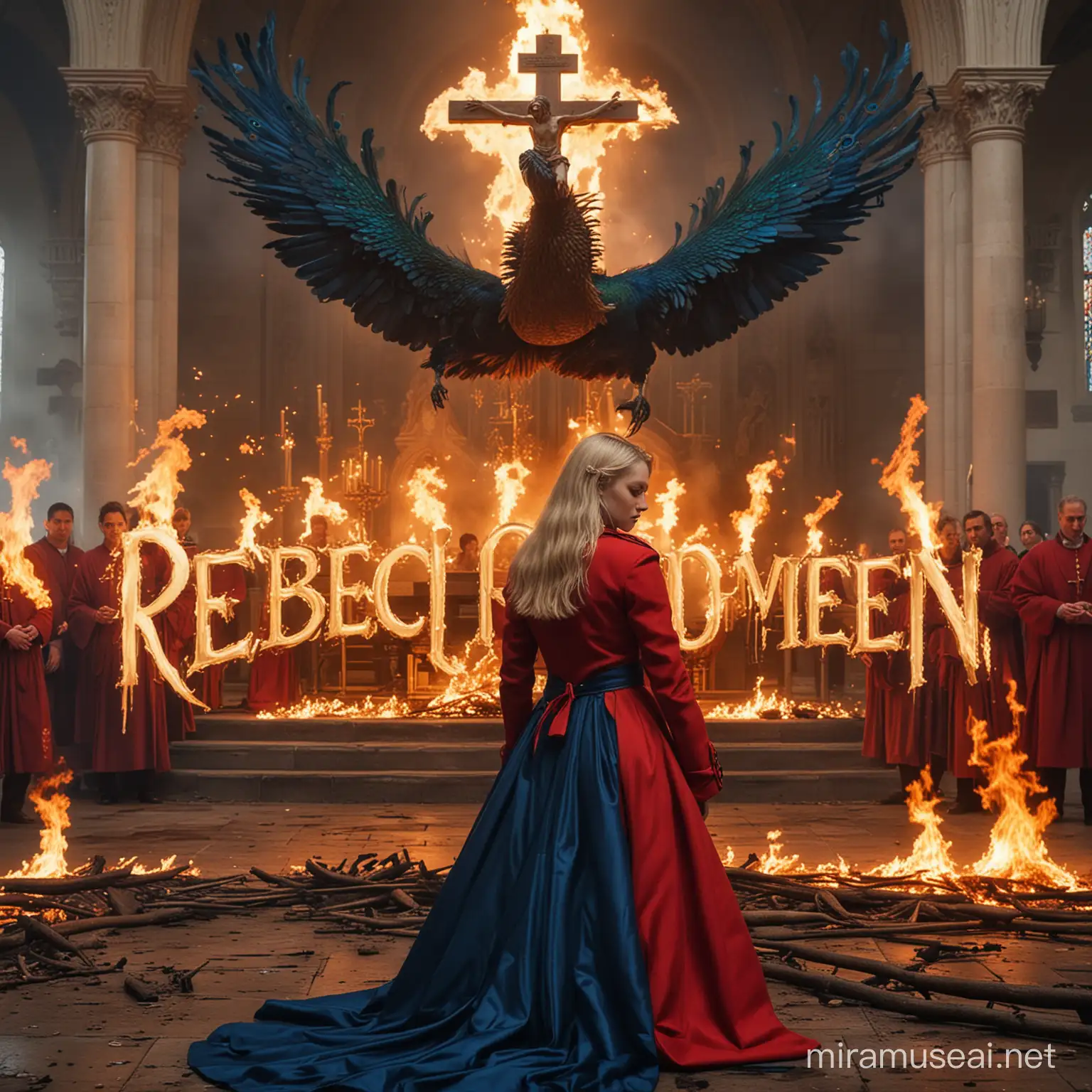 Teenage Empress Goddess in Blue Outfit Surrounded by Fire in Cathedral Setting