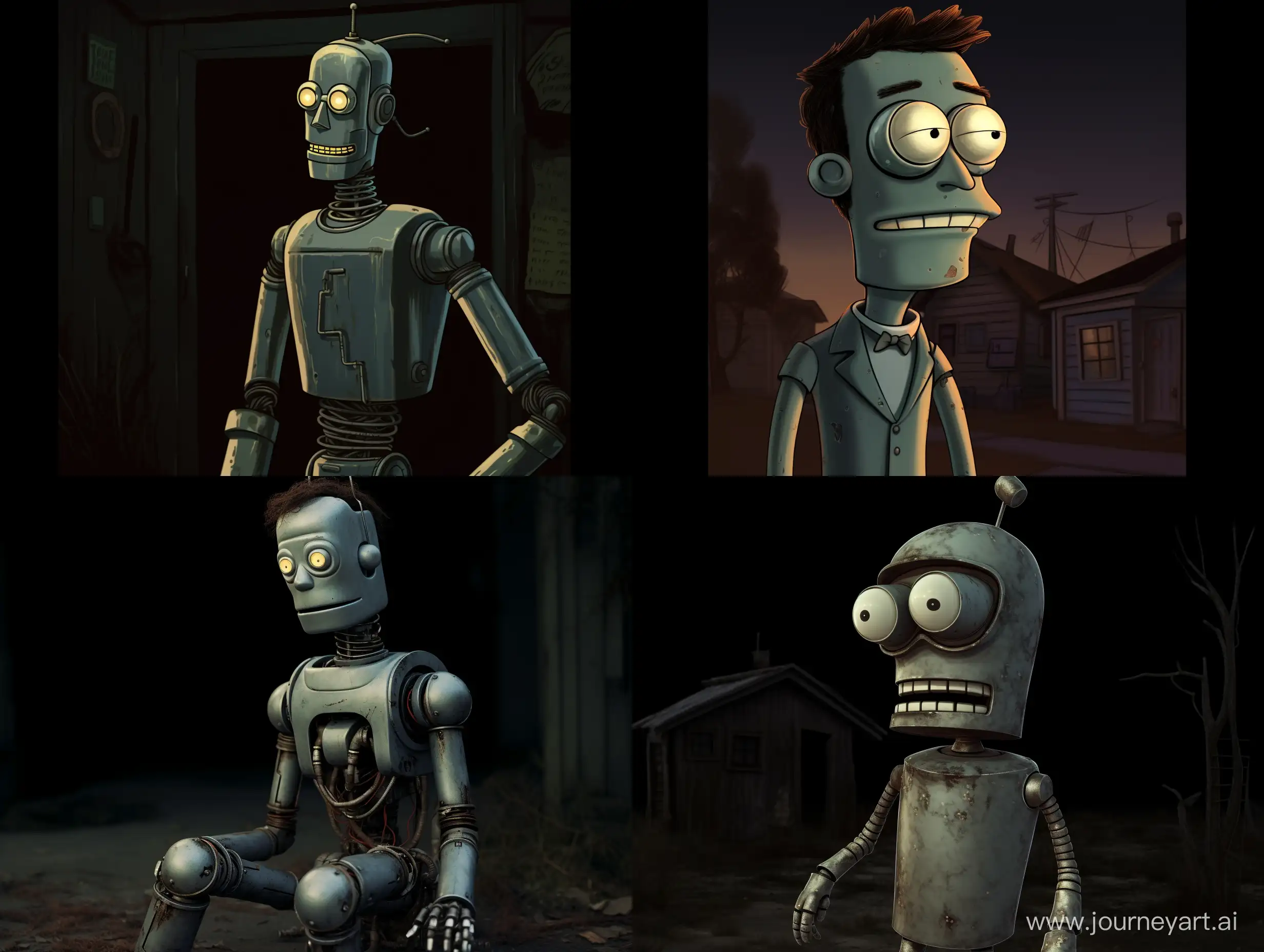 Bender, https://static.wikia.nocookie.net/enfuturama/images/3/3d/Character_Bender.png/revision/latest?cb=20221005104552, looking at the camera, full body, outside his house, realistic, cinematic lighting, --ar 4:3 --q 2
