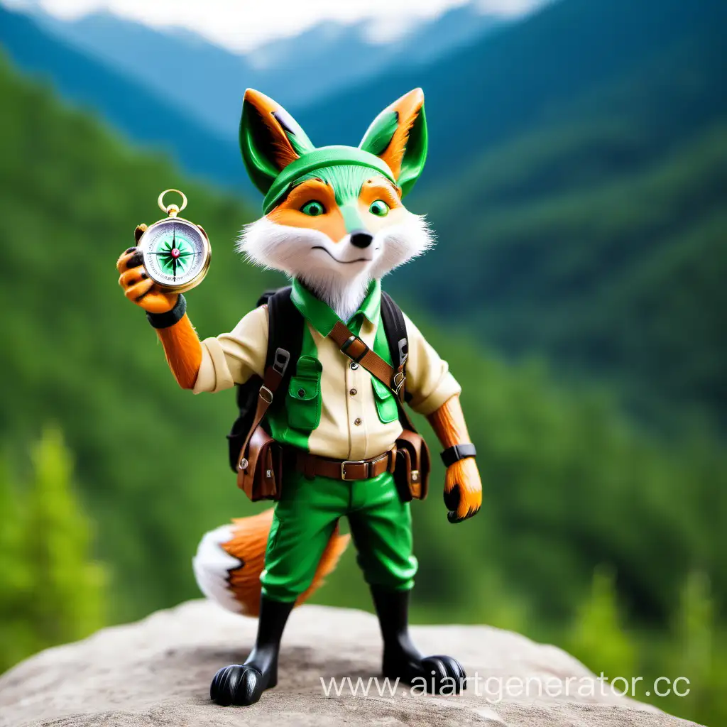 The green fox is a tourist on a hike with a compass in his paw