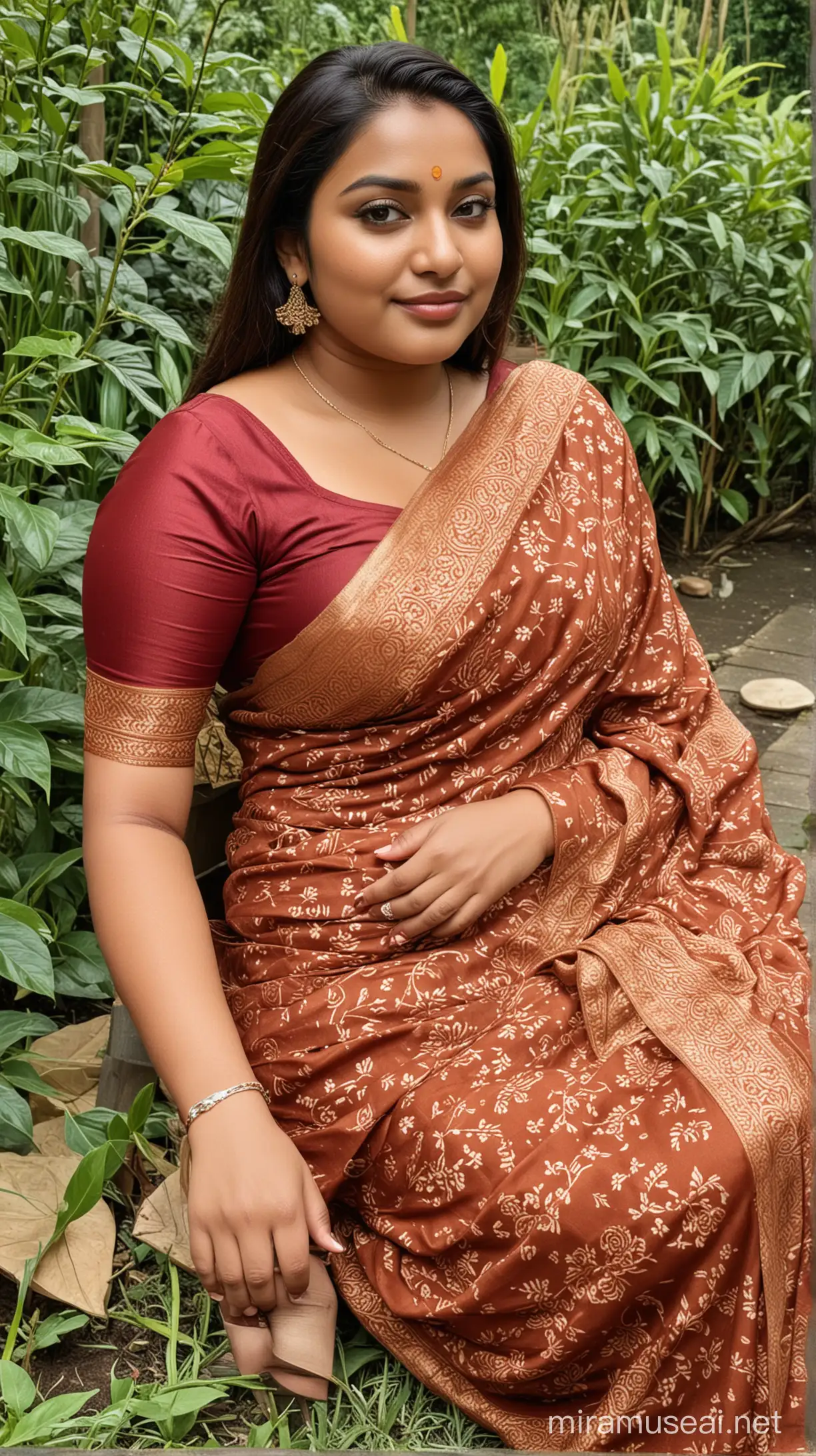 Bangladeshi Plus Size Woman in Traditional Saree Enjoying Garden Serenity