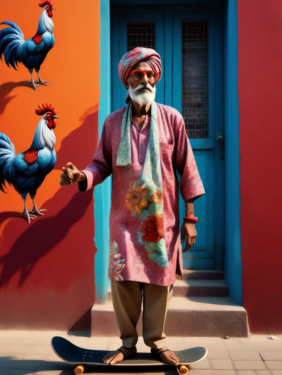 Colorful Evening Portrait Turbaned Indian Man with Skateboard and Rooster